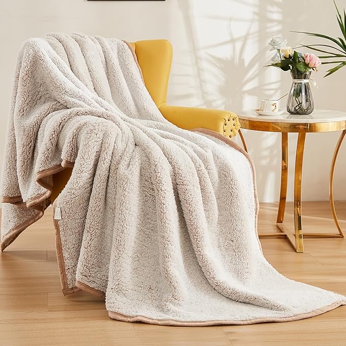 EMME Fuzzy Blanket Soft Fleece Throw Blankets for Women, Fluffy Sherpa Throws(Khaki,108"x90")
