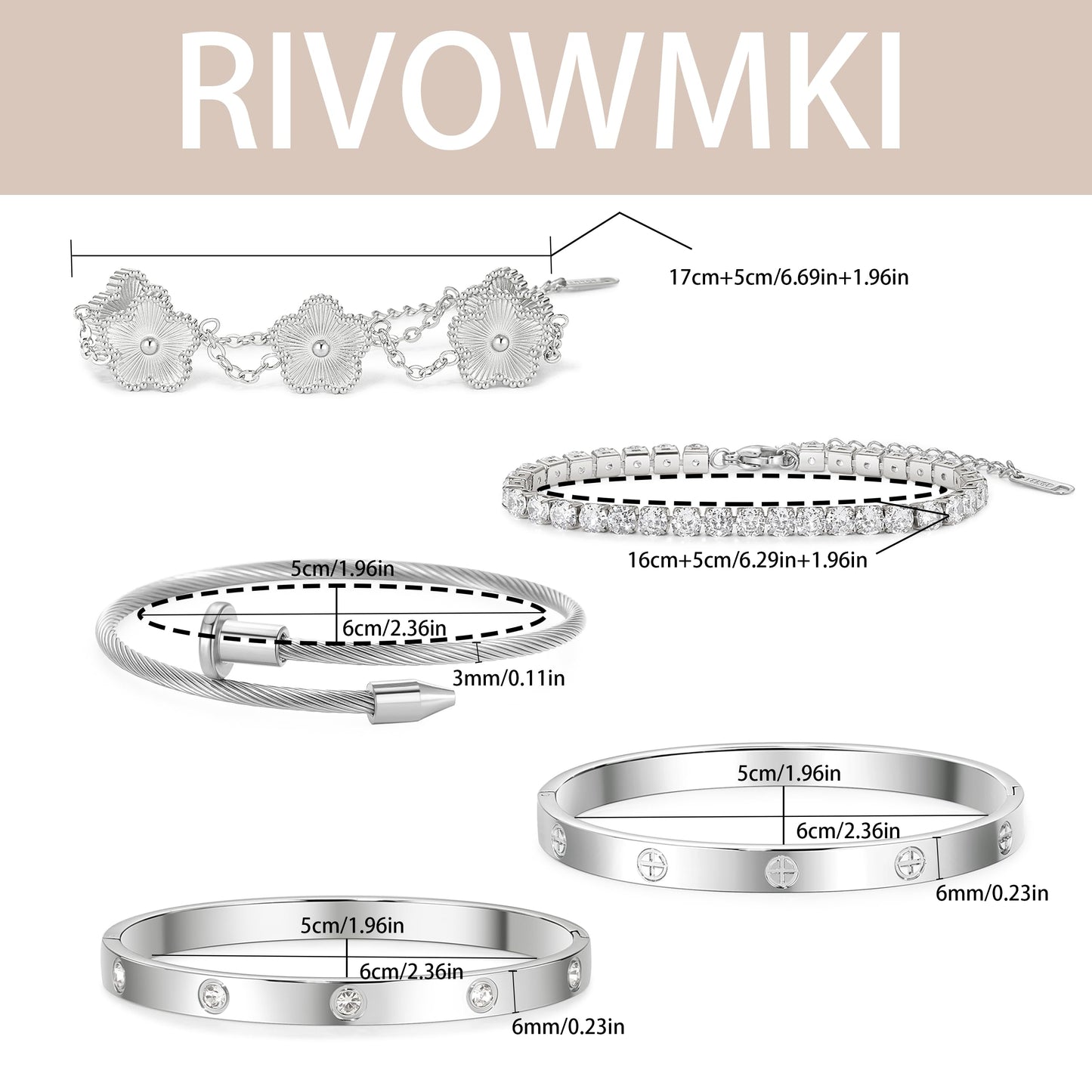 RIVOWMKI 18K Gold Plated Bracelet Set for Women, Sparkling CZ Bangle Adjustable Tennis Bracelet, Stackable Clover Jewelry, Non Tarnish Non Fade Long Lasting Shine for Client Meeting Afternoon Tea