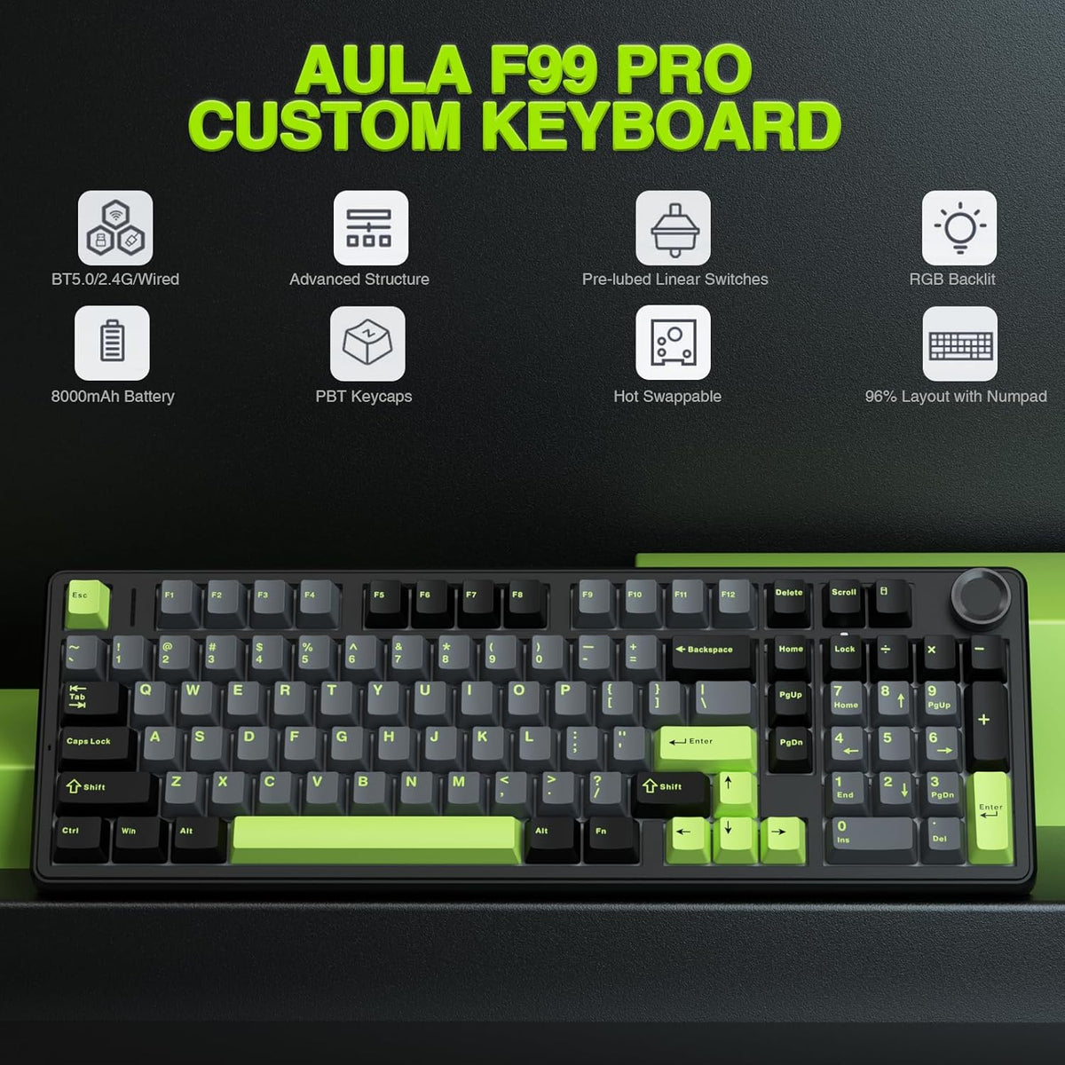 AULA F99 Pro Wireless Mechanical Keyboard with Knob,Tri-Mode BT5.0/USB-C/2.4GHz Hot Swappable Custom Keyboard,Pre-lubed Linear Switches,RGB Backlit Computer Gaming Keyboards