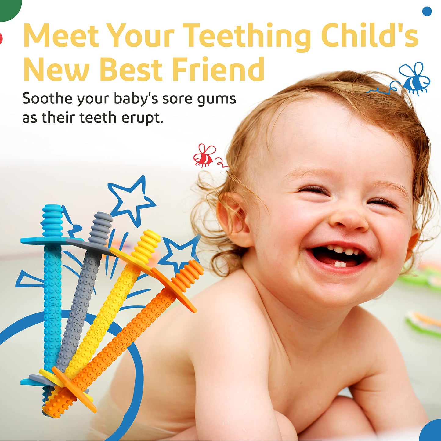 Lull Kids Silicone Baby Teethers 0-6 Months, Textured Baby Teething Toys 3-6 Months, Toddler Molar Teething Relief Sticks, Freezable Chew Straws for Babies 6-12 Month Girl Boy Infant (Spring)