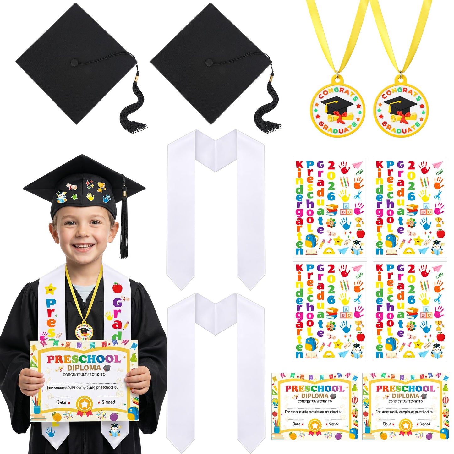 Wehhbtye 12 Pcs Preschool Kindergarten Graduation Cap Stole Iron on Letter Set, Preschool Graduation Cap Stole Decoration Includes Iron on Letters Certificate Medal for Kids Students DIY Craft