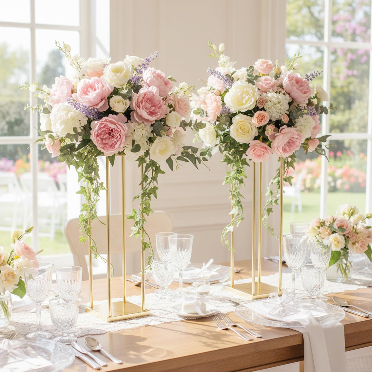 Geometric Gold Vases for Wedding Centerpieces - 31.5" Artificial Flower Display Stands, Set of 2 Elegant Flower Racks for Wedding Christmas Carnival Party Dinner Event Home Decor