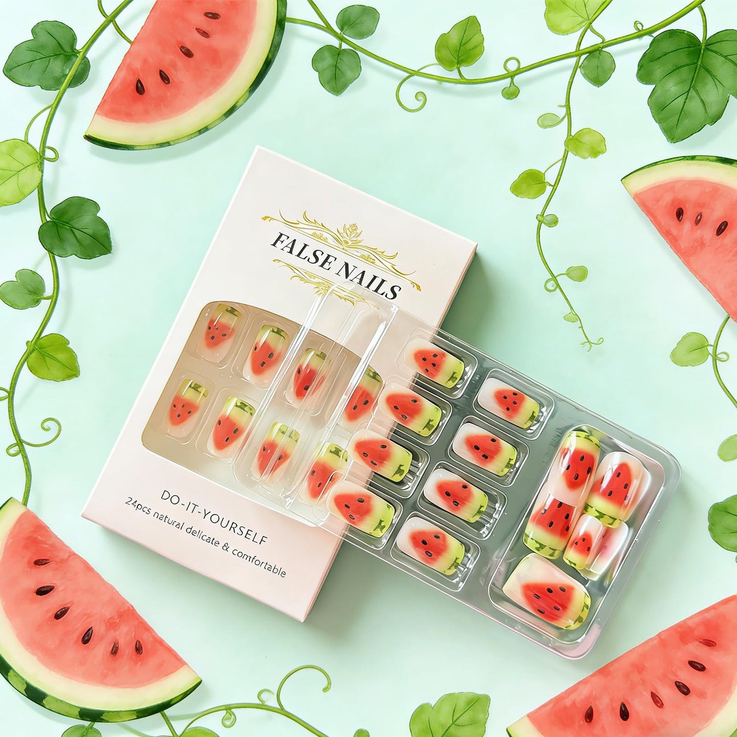 Summer Press on Nails Medium Square Watermelon Fake Nails with Cute French Tips Design Acrylic False Nail Glossy Full Cover Stick on Nail Reusable Artificial Glue on Nails for Women 24Pcs