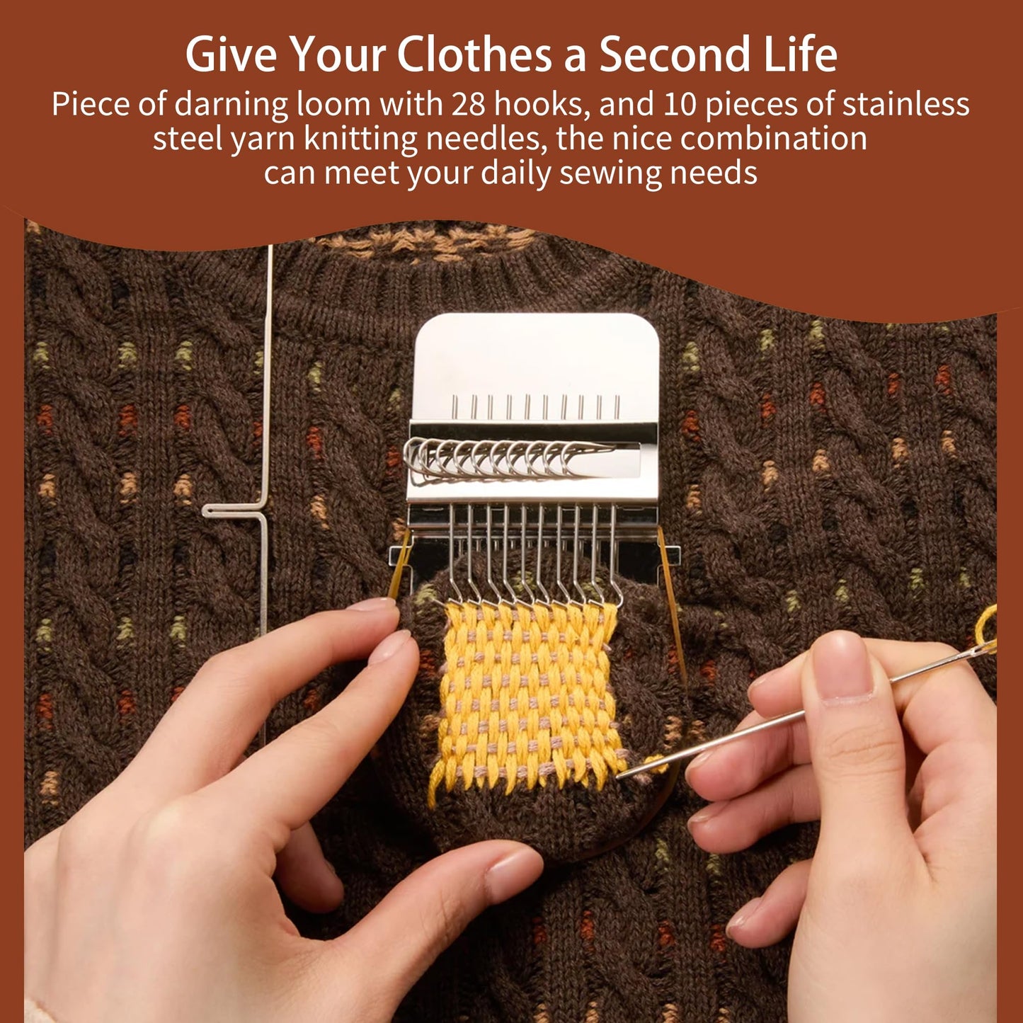 Posyra Darning Loom Kit, Small Knit Patch Maker Tool for DIY Visible Mending of Jeans, Socks & Sweaters, Needle Weaving Sewing Craft Set for Beginners Adults(28 Hooks)