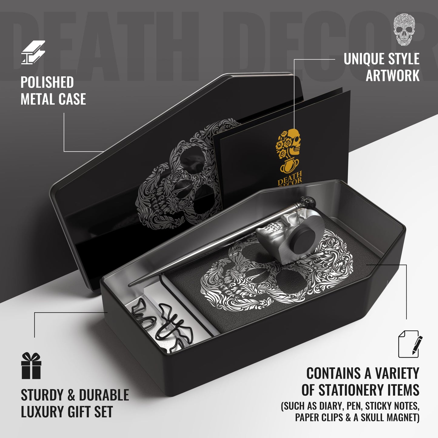 Death Decor Gothic Stationery Gift Set – Journal Notebook, Sticky Notes, Bat Paper Clips & Skull Magnet – Dark Aesthetic Writing Journal for Office, School, Halloween & Gifts