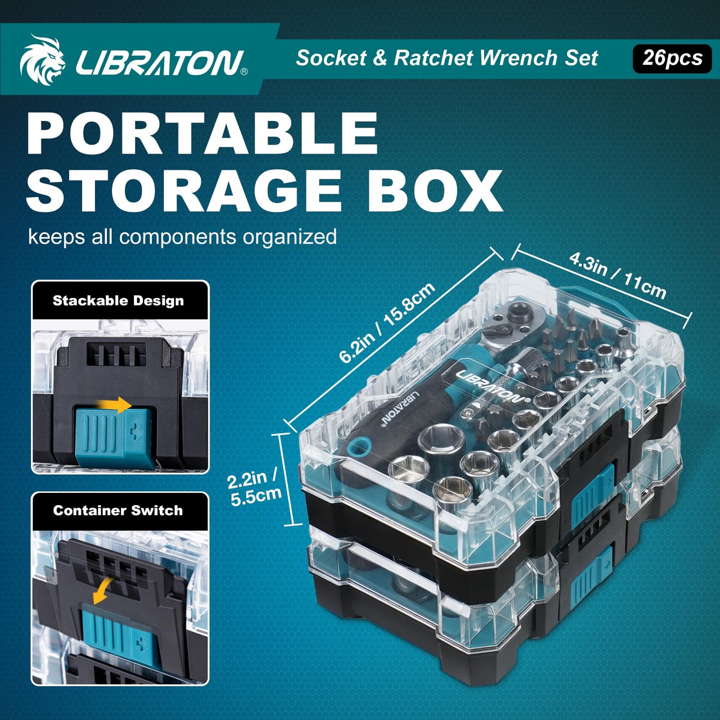 LIBRATON 26PCS 1/4" Drive Mini Socket & Ratchet Wrench Set with Bits, 4-14mm Metric Shallow Sockets, Mini Ratchet Set, Screwdriver Bit Set, Extension Bar, with Storage Case for DIY, Auto Repair