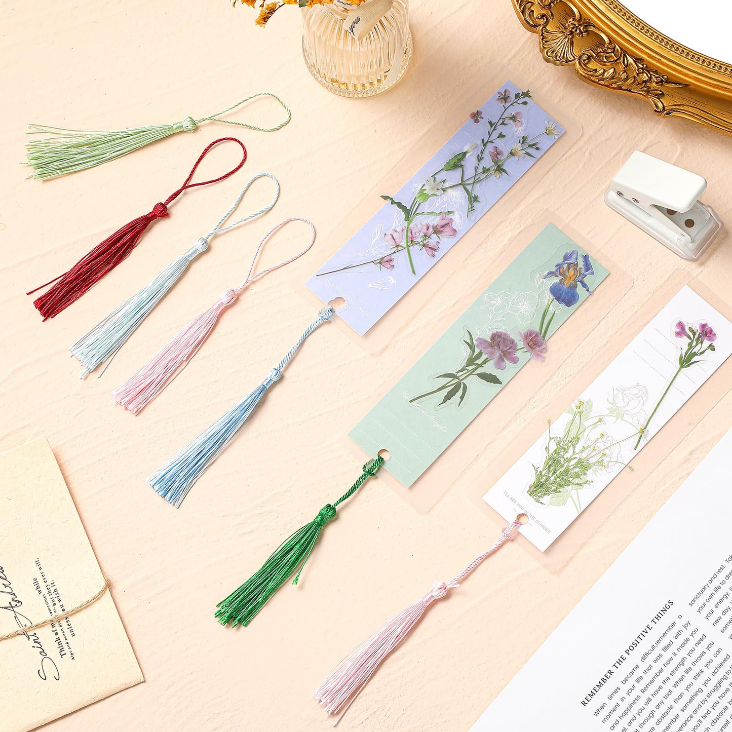Fuyoooo 301 Pcs DIY Bookmark Making Kit 150 Bookmark Laminating Pouches 5 Mil Hot Laminator Sleeves with 150 Rainbow Tassels and Puncher Fit Most Pouch Laminating Machines(2.36 x 6.3 Inches)
