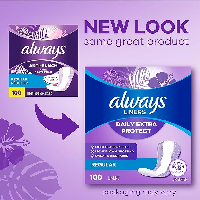 Always Anti-Bunch Xtra Protection Daily Liners, Long Length, Unscented, 136 Count
