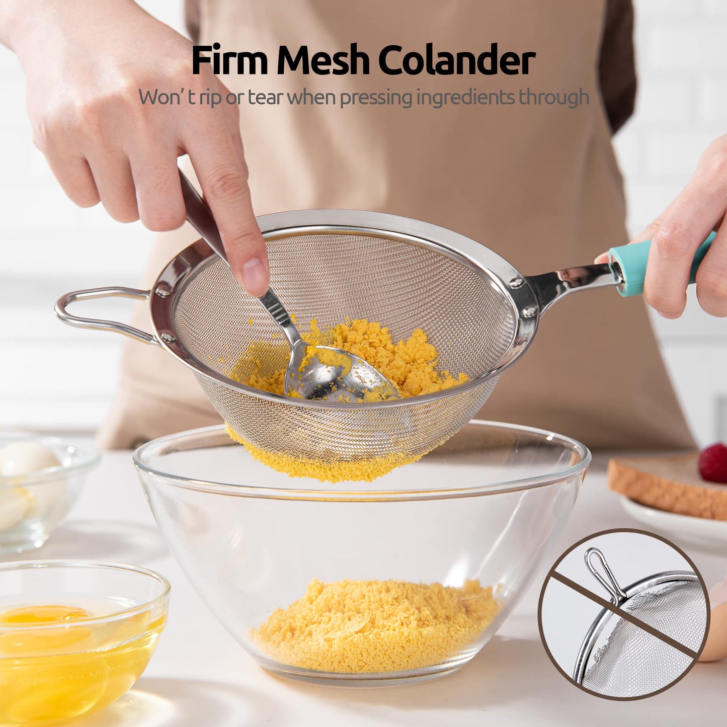 18/8 Stainless Steel Mesh Strainer: U-Taste 5.5 Inch Kitchen Fine Mesh Sieve Food Colander with Riveted Sturdy Silicone Handle and 30 Mesh Hole for Straining Flour, Pasta, Fruit, Quinoa(Aqua Sky)