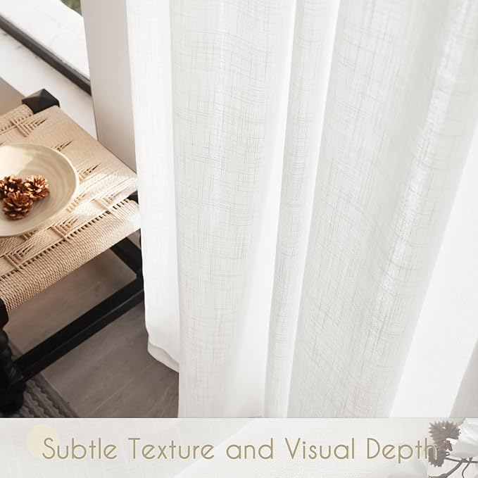 White Curtains 100 inches Long 2 Panels Back Tab Light Filtering Cotton Textured Curtain Modern Farmhouse Coastal Decor Off White Linen Drapes 100 inch Length for Patio Sliding Door Office Bedroom