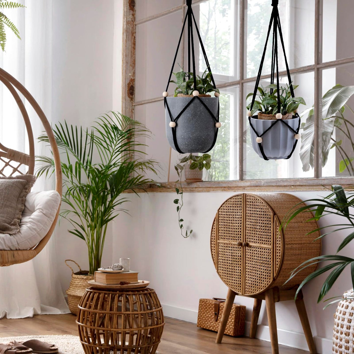 Artilady Black Hanging Planter for Indoor Plants Macrame Plant Hanger Large Hanging Plant Holder Basket with Adjustable Beads Outdoor Window Boho Plant Wall Decor (Black Bead-2pcs)