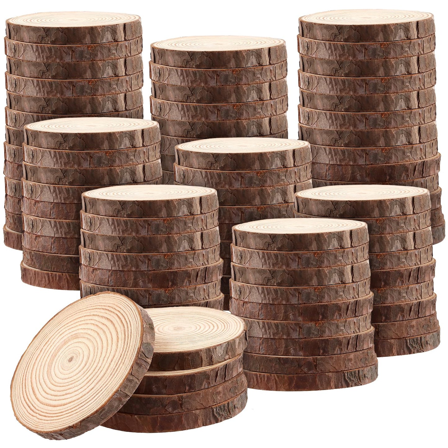 SOUJAP 100Pcs 3.5-4 Inch Natural Wood Slices, Unfinished Wooden Slices with Tree Bark, Wood Log Discs Circles for DIY Crafts, Centerpieces