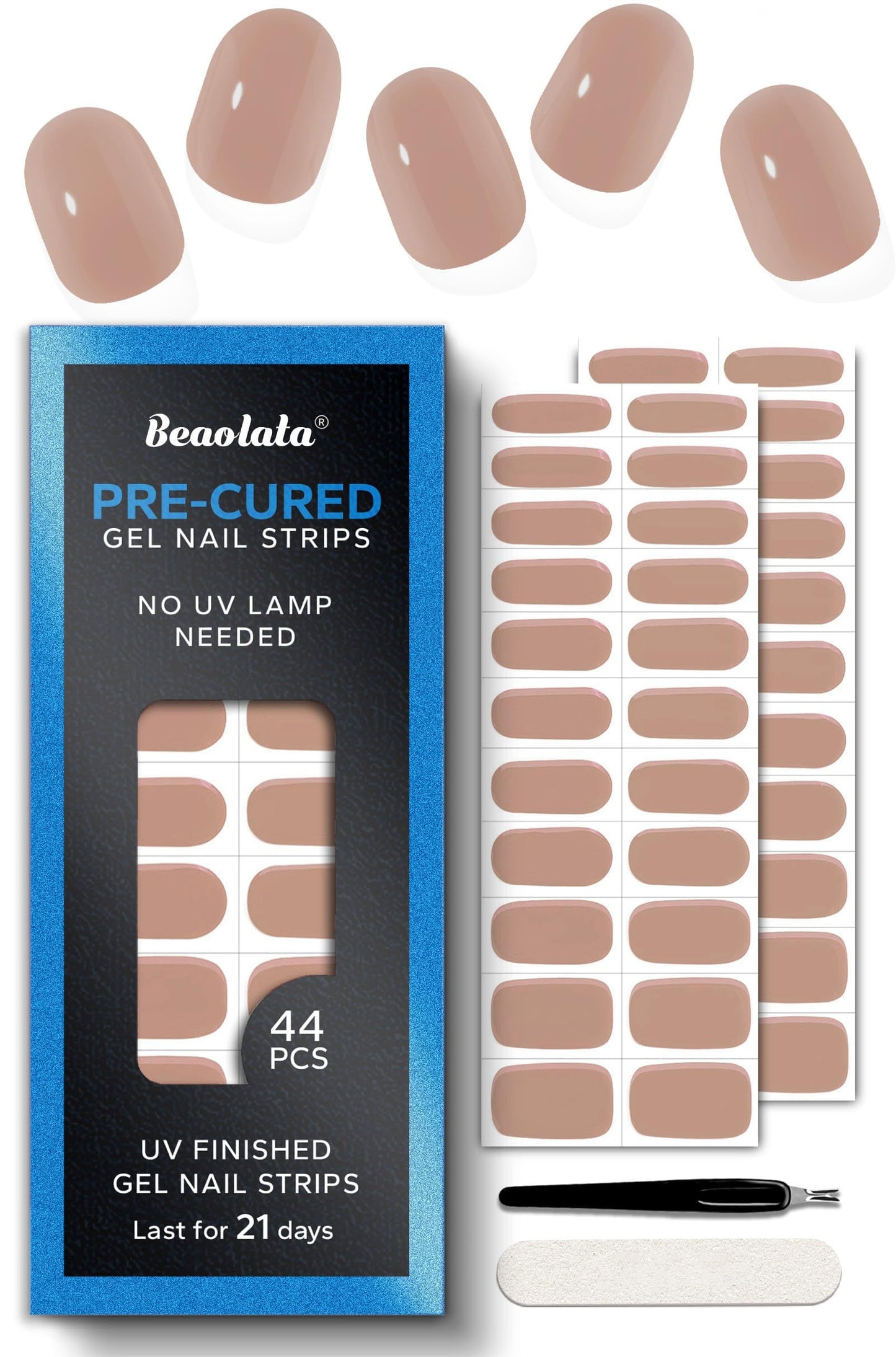 Beaolata Real Gel Nail Strips (No UV Light Needed) - 44Pcs Salon Quality Nail Stickers - Long Lasting Polish Wraps for Women, Easy Apply & Remove (Minimal Nude)