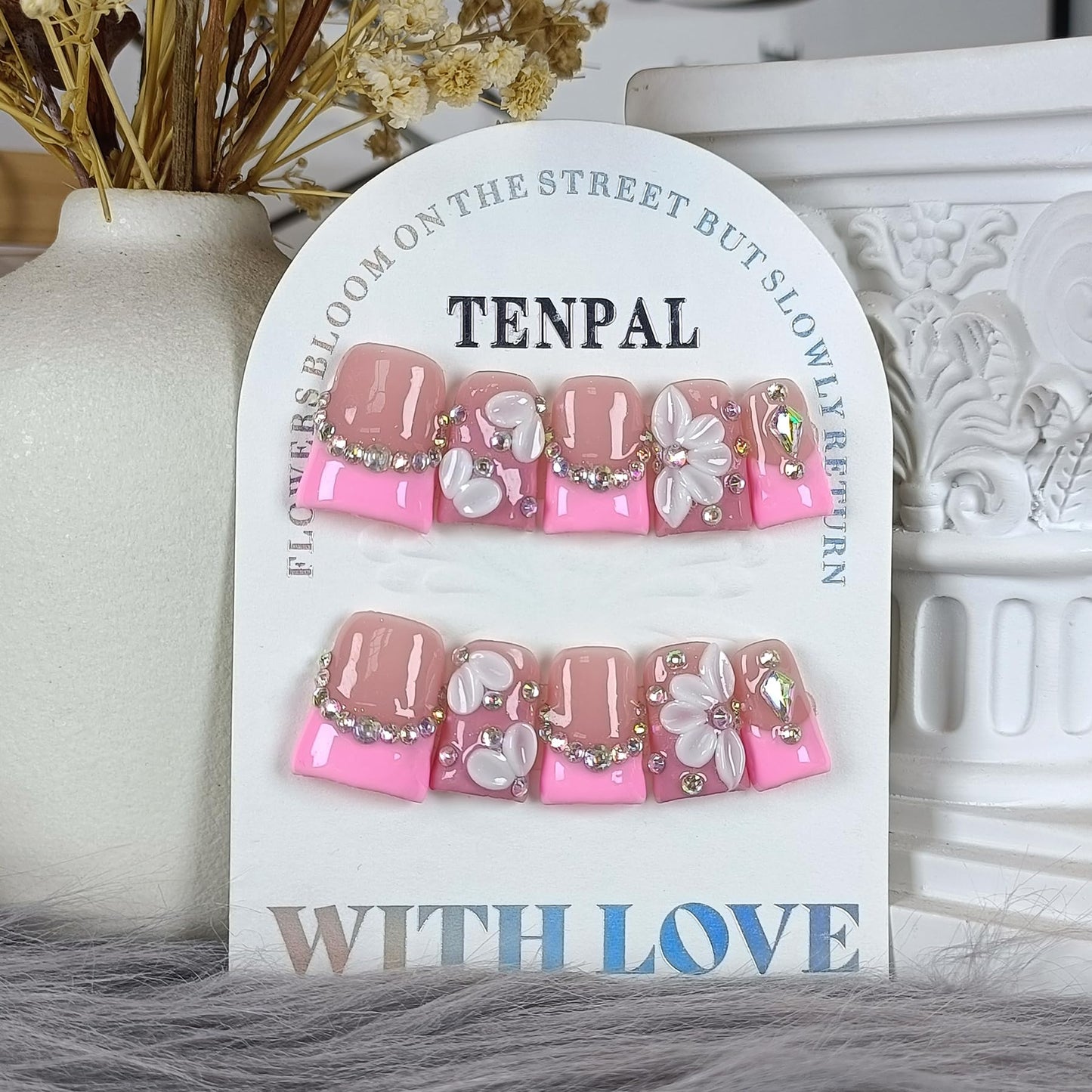 TENPAL Duckbill Shape Handmade Press On Nails Kit,Pink French Floral Nails with 3D Flowers Diamond Designs,Glazed Donut Nude Pink Fake Nails with Tools,Elegant French Tip Duckbill Nails with Gems(L)