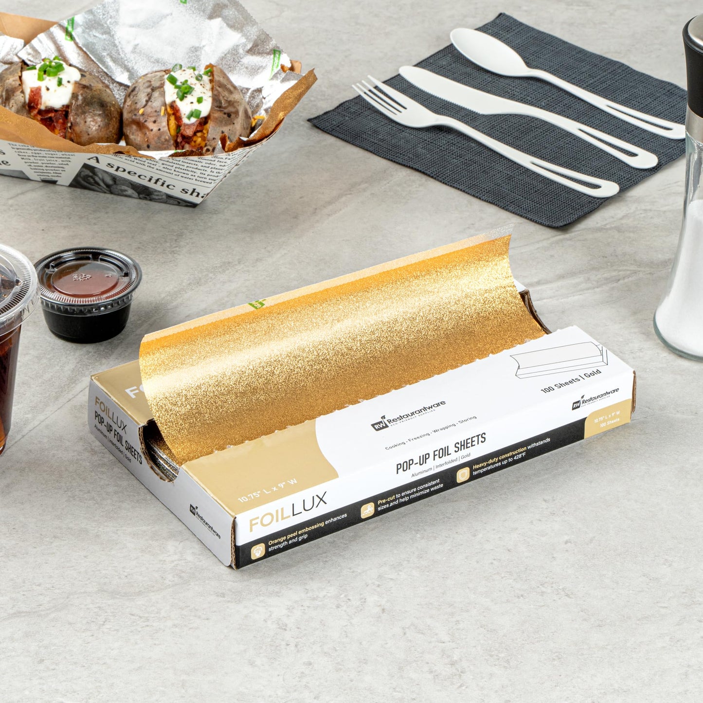Restaurantware Lux Pop-Up Foil Sheets - 10.8 x 9 Inch, 100 Gold Embossed Aluminum Foil Papers, Greaseproof, Freezable & Oven Ready
