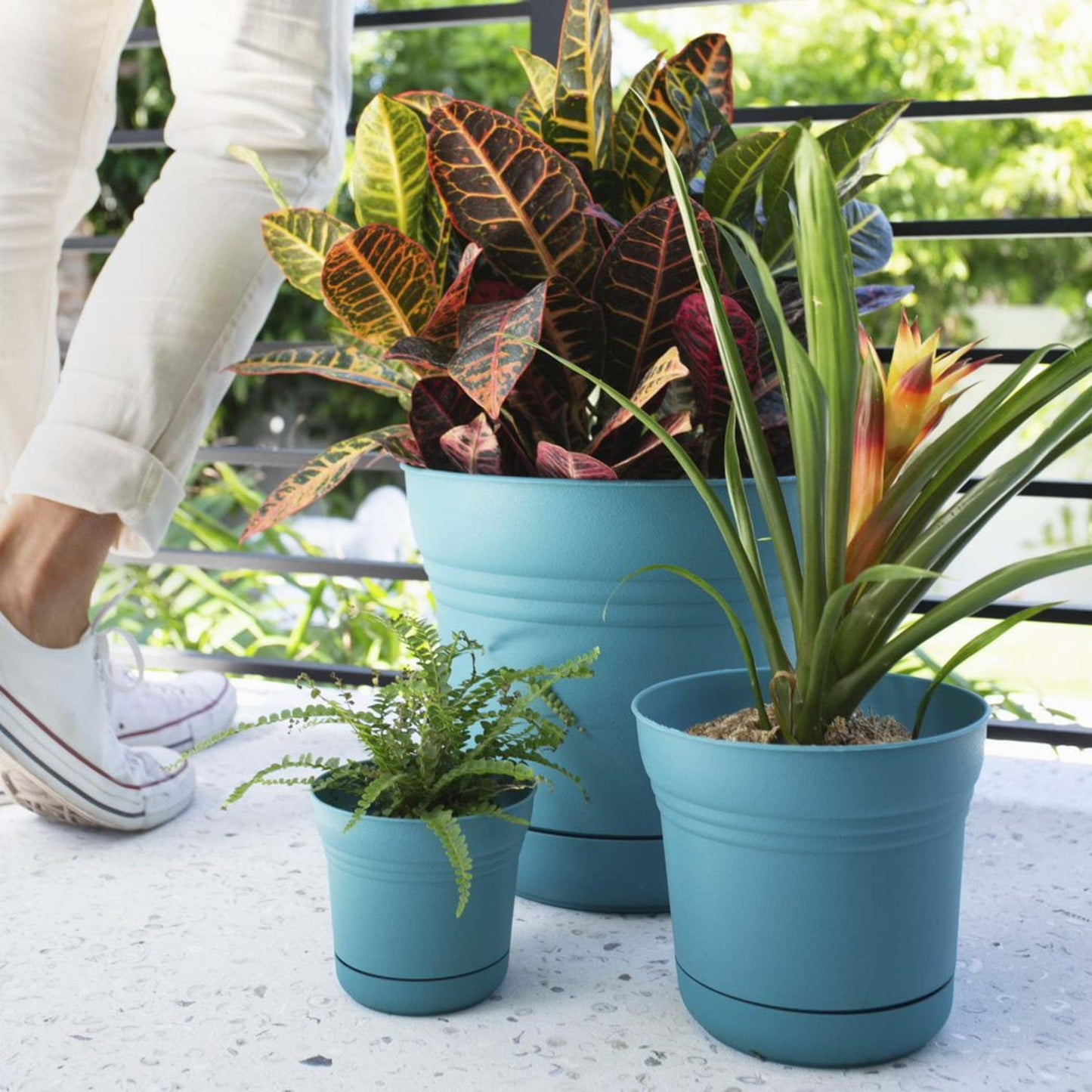 Bloem Saturn 7" Round Plastic Planter - Indoor/Outdoor, Snap-in Saucer & Drainage Holes, Bermuda Teal