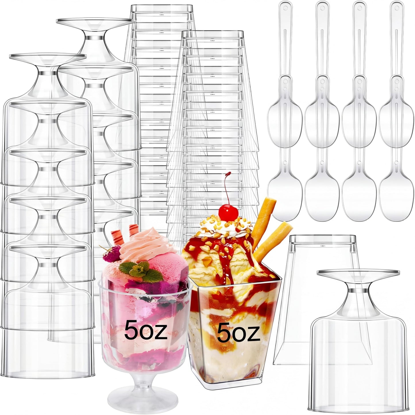 Funtery 300 Pack 5oz Mini Dessert Cups with Spoons - Reusable Clear Plastic Yogurt Parfait & Appetizer Shooter Cups for Pudding, Ice Cream & Party Desserts - Ideal for Weddings, Birthdays & Events