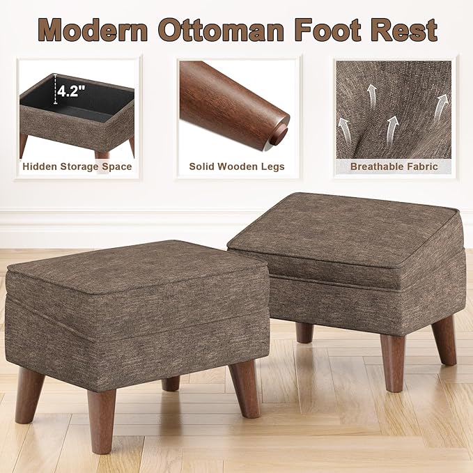 Small Footstool Ottoman with Adjustable Lid, Modern Storage Ottoman, Foot Rest for Couch, Foot Stool with Sturdy Wood Legs for Living Room, Bedroom, Enterway, Brown