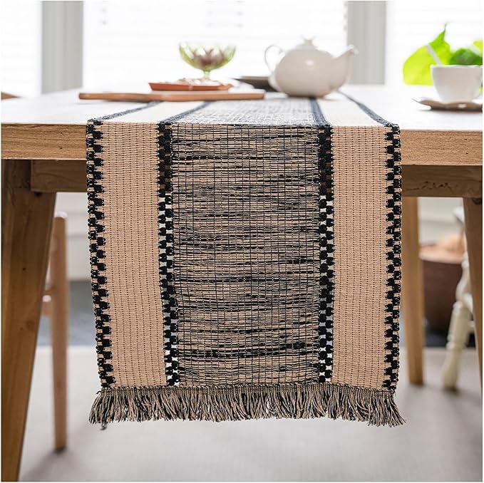 Natural Jute Table Runner, Burlap Style Table Runner, Rustic Farmhouse Table Runner Country Vintage for Wedding, Party Table Decorations, Boho Décor Black Hemp 14x63 inch TAB28