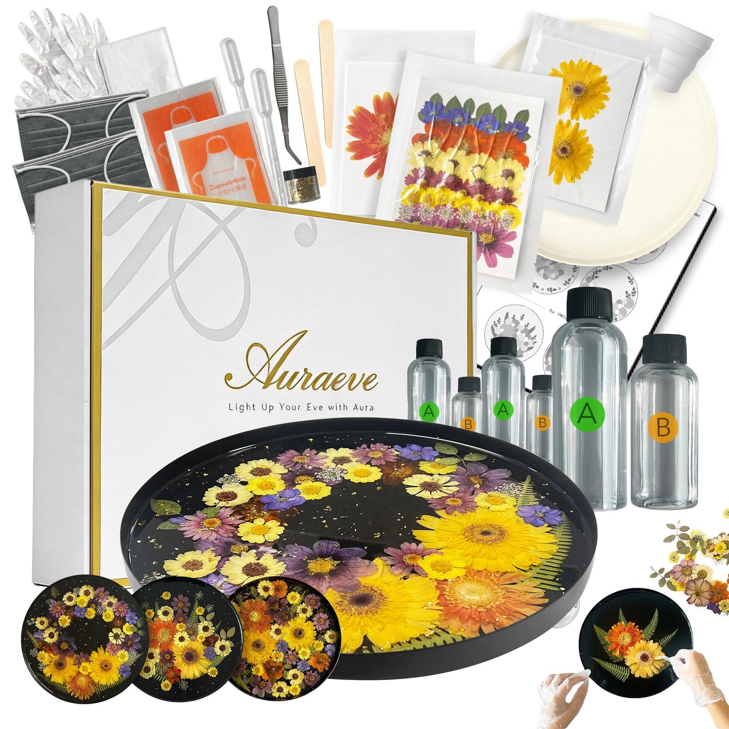 Auraeve All-in-One Craft Resin Tray Kit for Adult - Create a Real Flower Tray, Gift for Crafter Women, Beginner Friendly, Use as Vanity, Perfume, Trinket Organizer, Table Décor, 11.8" (Black-Pro)