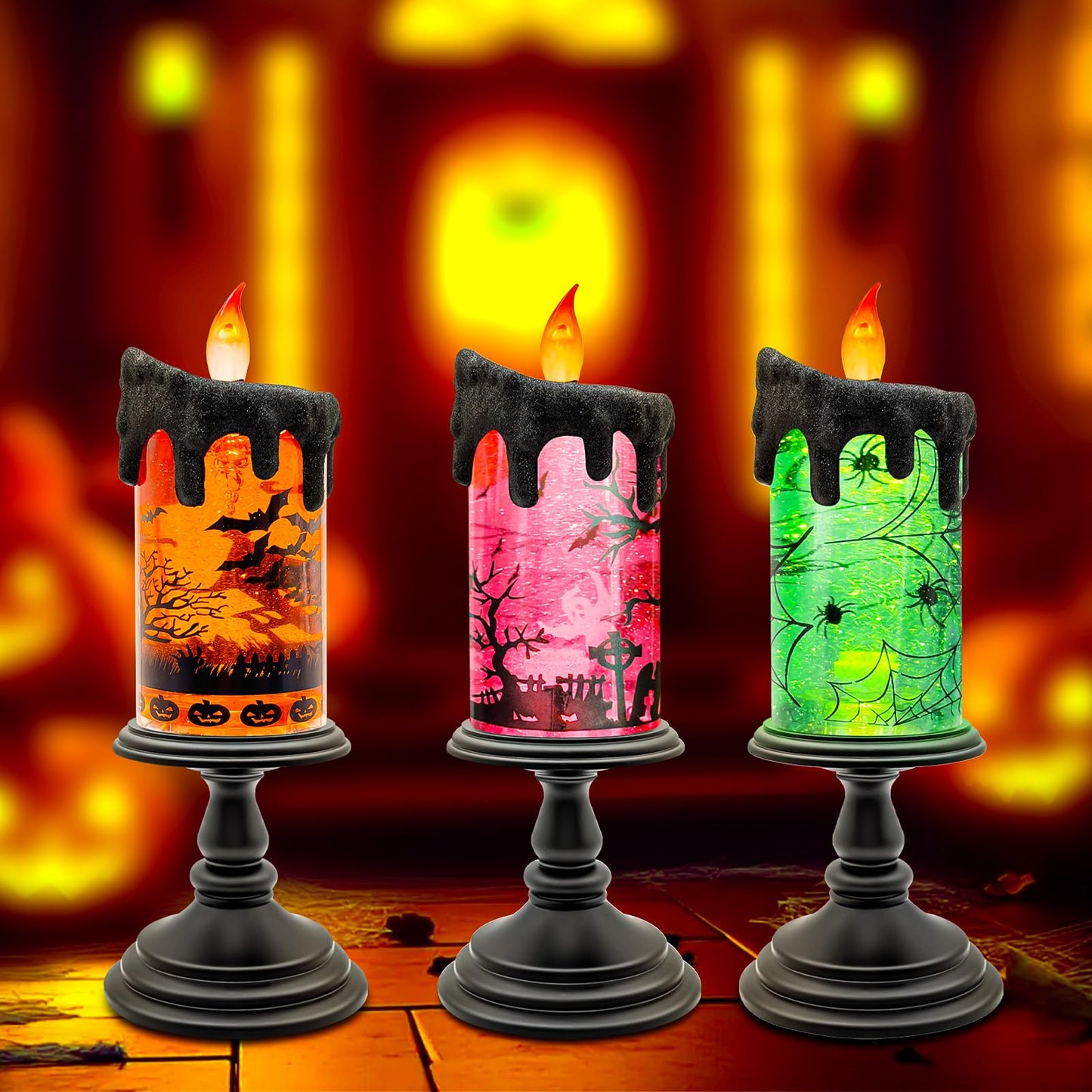 Halloween Snow Globe Candle with Pink Graveyard Scene – LED Flameless Candle with Water Glitter Swirls, Battery Operated Light Up Halloween Decoration for Indoor Tabletop or Mantel