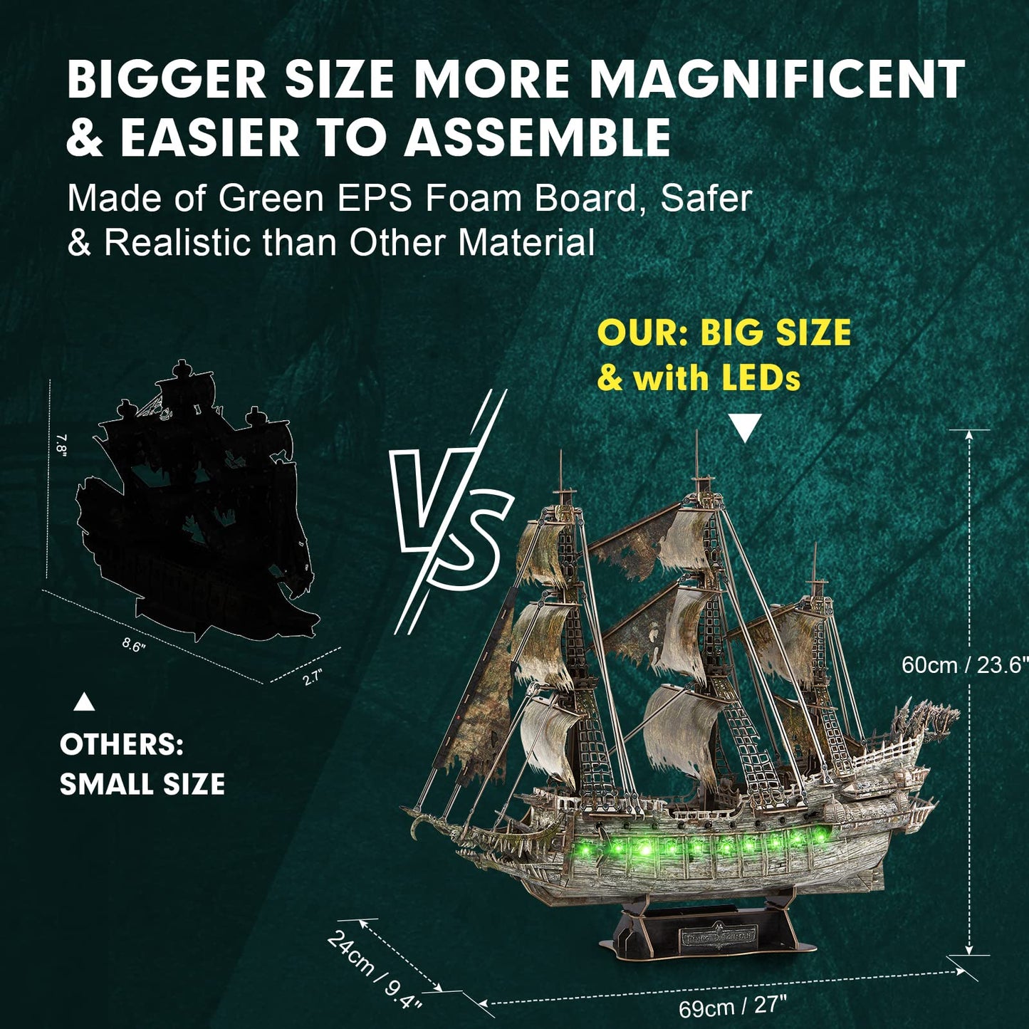 CubicFun 3D Puzzles for Adults Green LED Flying Dutchman, 360 Pieces Pirate Ship Arts & Crafts for Adults Gifts for Men Women Model Kit, Lighting Ghost Ship Easter Gift for Him