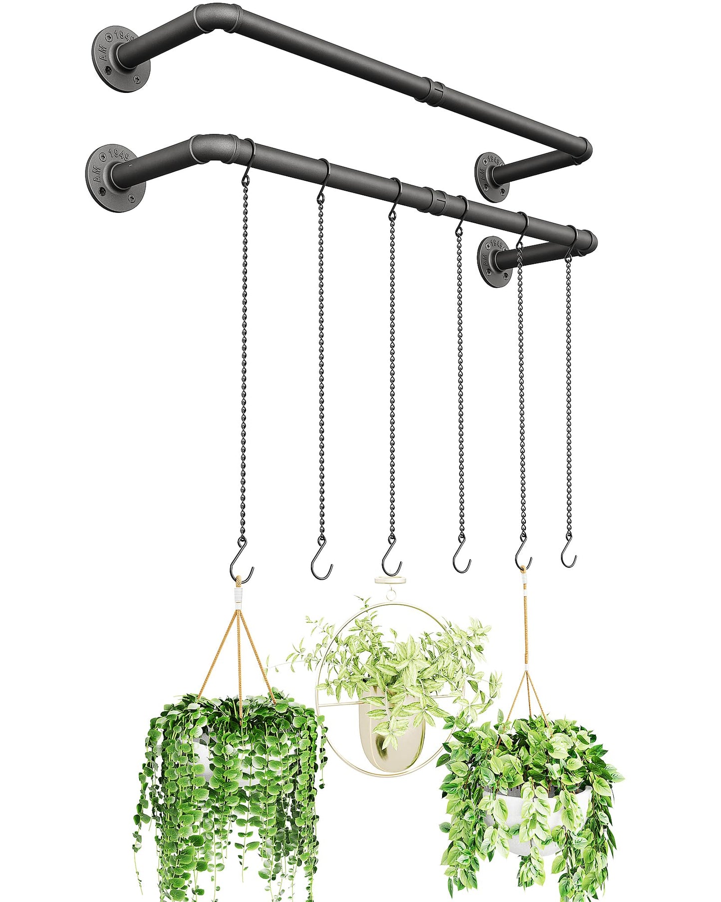 SOFITORG Plant Haning Rod, 2 Pack Hanging Planters for Indoor Plants with 3 Chains, Wall Plant Hanging Bar for Window Celling, 38.2 Inch, Metal Black, Pots Not Included