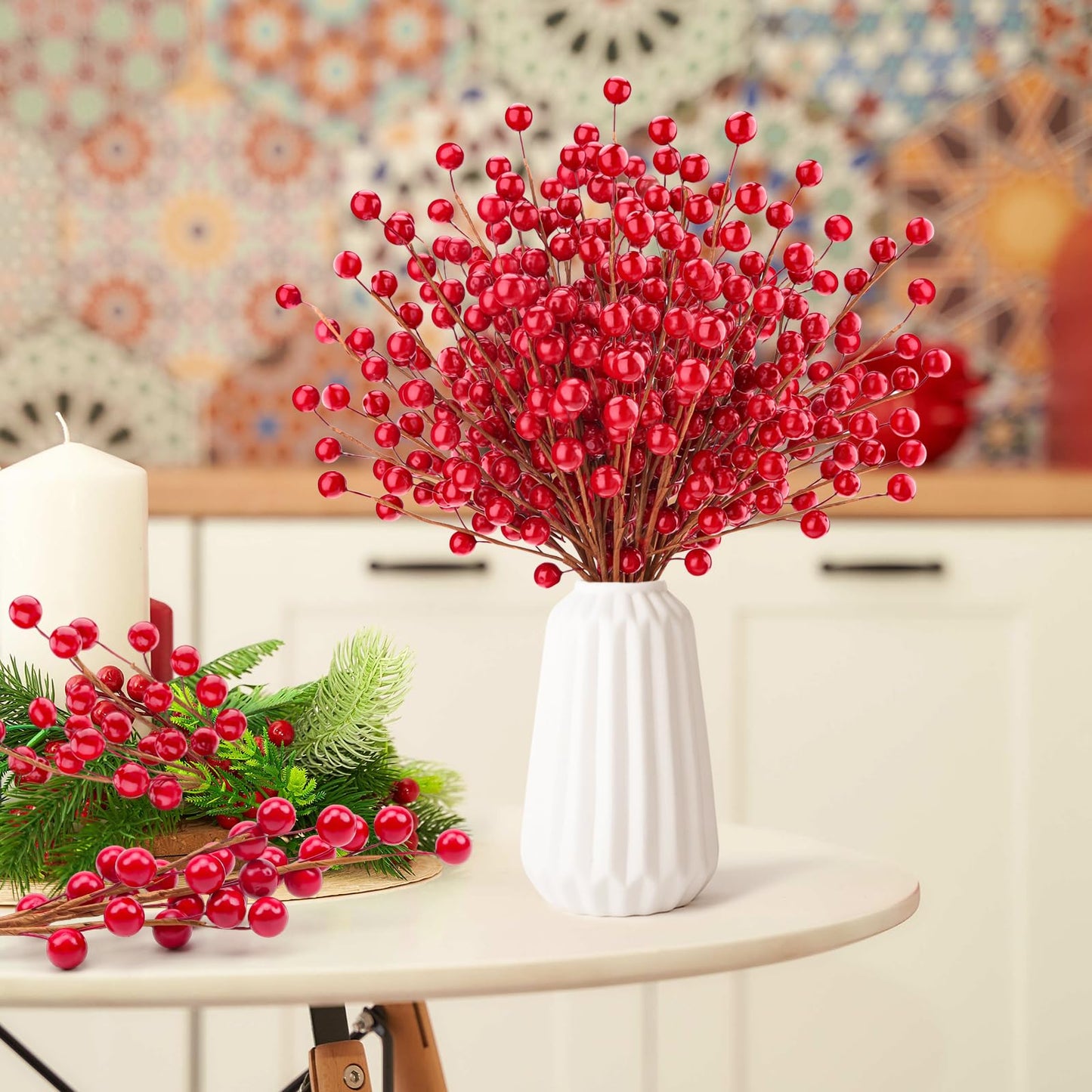 Quancru 10 Pcs Artificial Red Berries Stems 13.5" Christmas Holly Berry Branches Fake Pomegranate for Home Holiday Wedding New Year Wreath DIY Crafts Vase Floral Picks Decorations