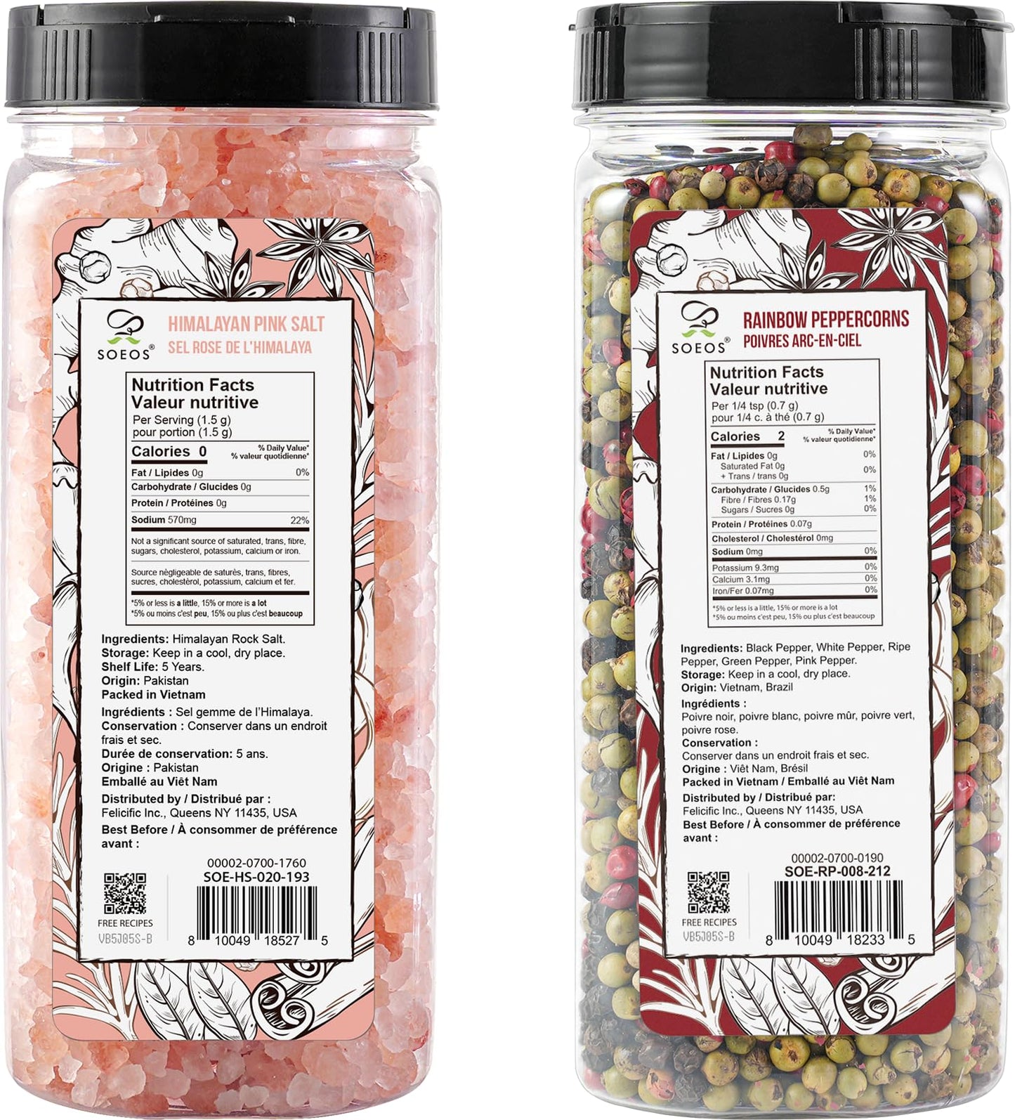 Soeos Himalayan Pink Salt and Rainbow Peppercorn Grinder Refills, 18oz Salt & 8oz Peppercorns, Kosher Seasoning Set for Cooking