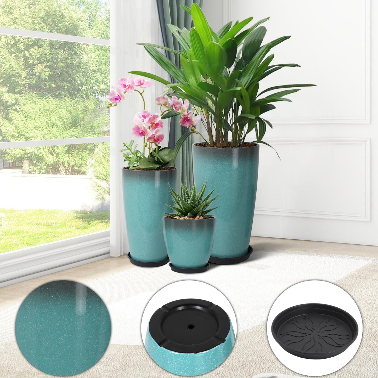 Neoaider 24/21/12 Inch Large Plastic Planter, Lightweight Ceramic-Look Tall Planters with Drain Hole & Saucers, Tall Plastic Planters for Porch, Garden, Patio, Balcony(Sky Blue)