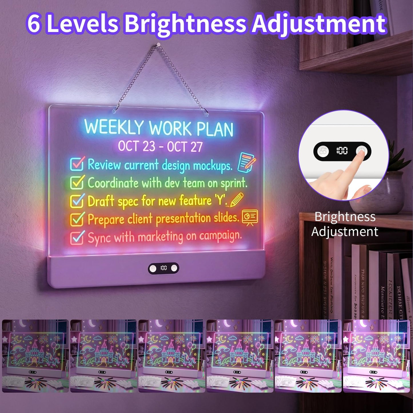 KOBAIBAN LED Drawing Board for Kids, 16” Rechargeable Light Up Drawing Pad with 1500mAh Battery, 11 Light Modes Neon Dry Erase Board, LED Note Pad for Message, Night Light, Gifts for Girls Boys