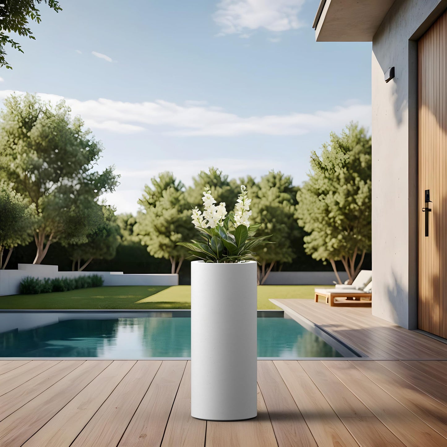 Kante 18.9 Inch Tall Cylindrical Planter, Large Round Plant Pots with Drainage Hole, Made with Concrete, Suitable for Indoor Outdoor Plants, Home Decor, White Finish with Painted Interior
