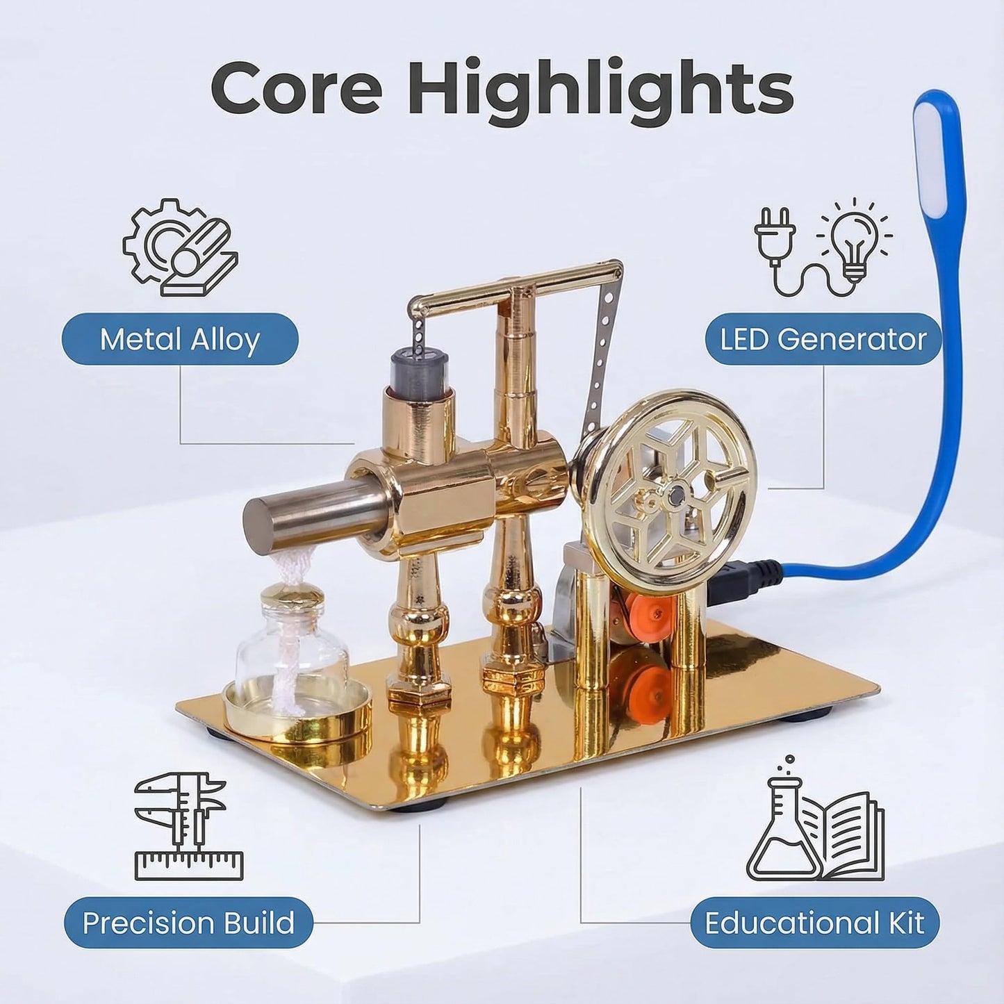 Hot Air Stirling Engine Motor Model,Stirling Engine Kit, Single-Cylinder Metal Stirling Engine External Combustion Engine Motor,DIY Hot Air Engine Gift of Air for Desktop EducationalToy (Gold)