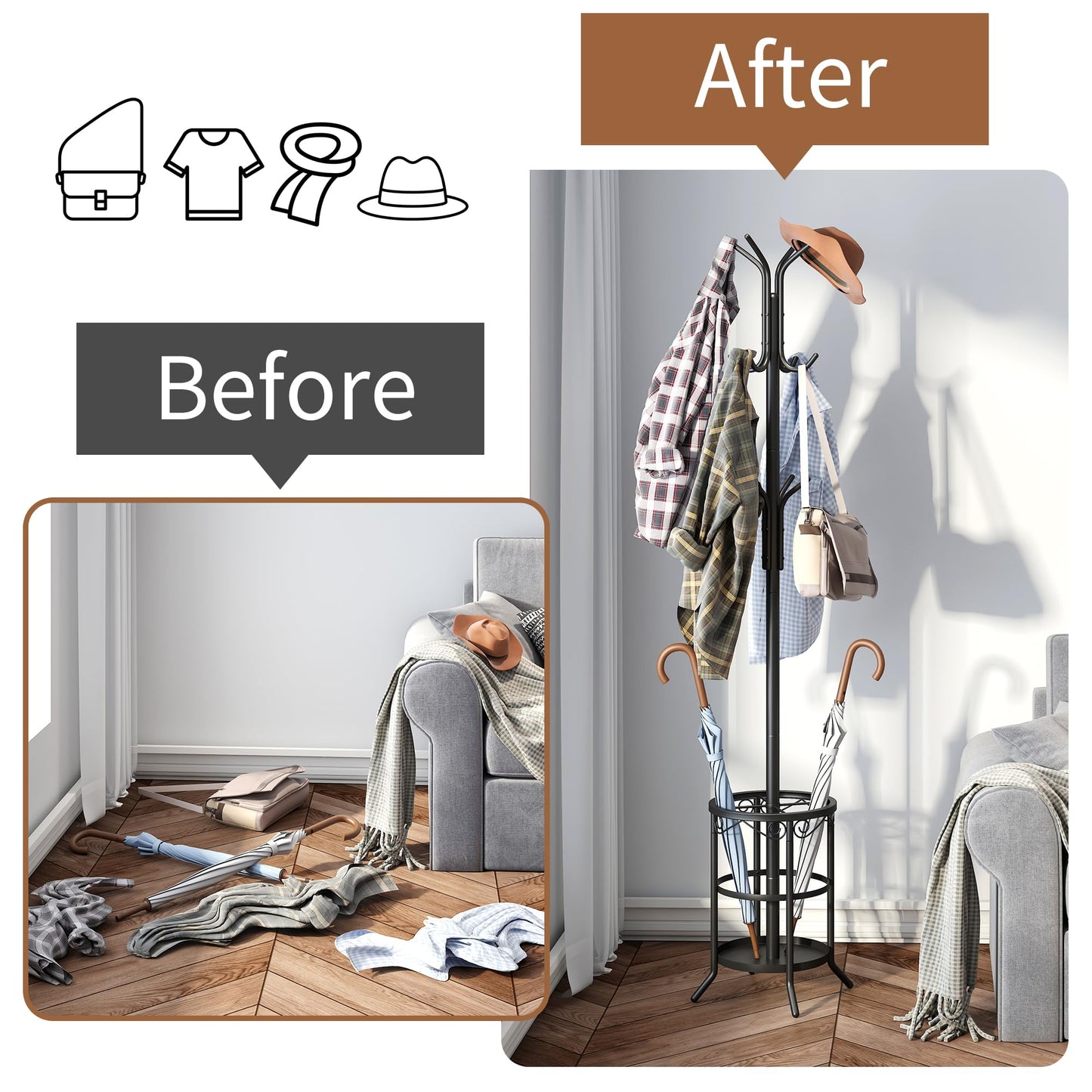 FILWH Coat Rack Freestanding with Umbrella Stand Coat Rack Stand with 12 Hooks Metal Coat Tree Coat and Hat Hanger Jacket Entryway(Black)