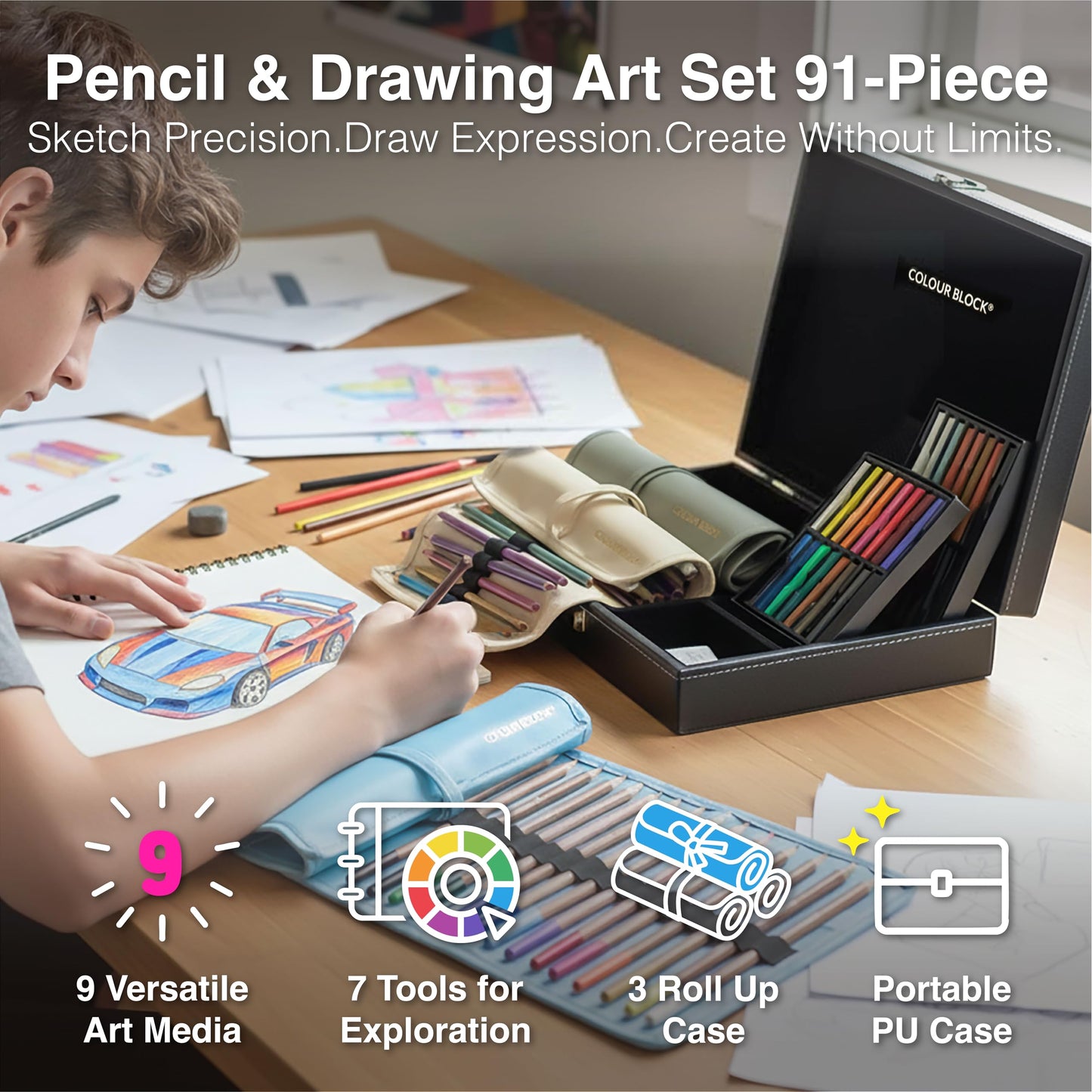 COLOUR BLOCK 91-Piece Sketching & Drawing Art Set with Colored, Metallic, Charcoal, Pastel Pencils, Soft Pastels, Charcoal & Graphite Sticks, Sketchbook, Tools — Travel-Friendly Case for Teens, Adults