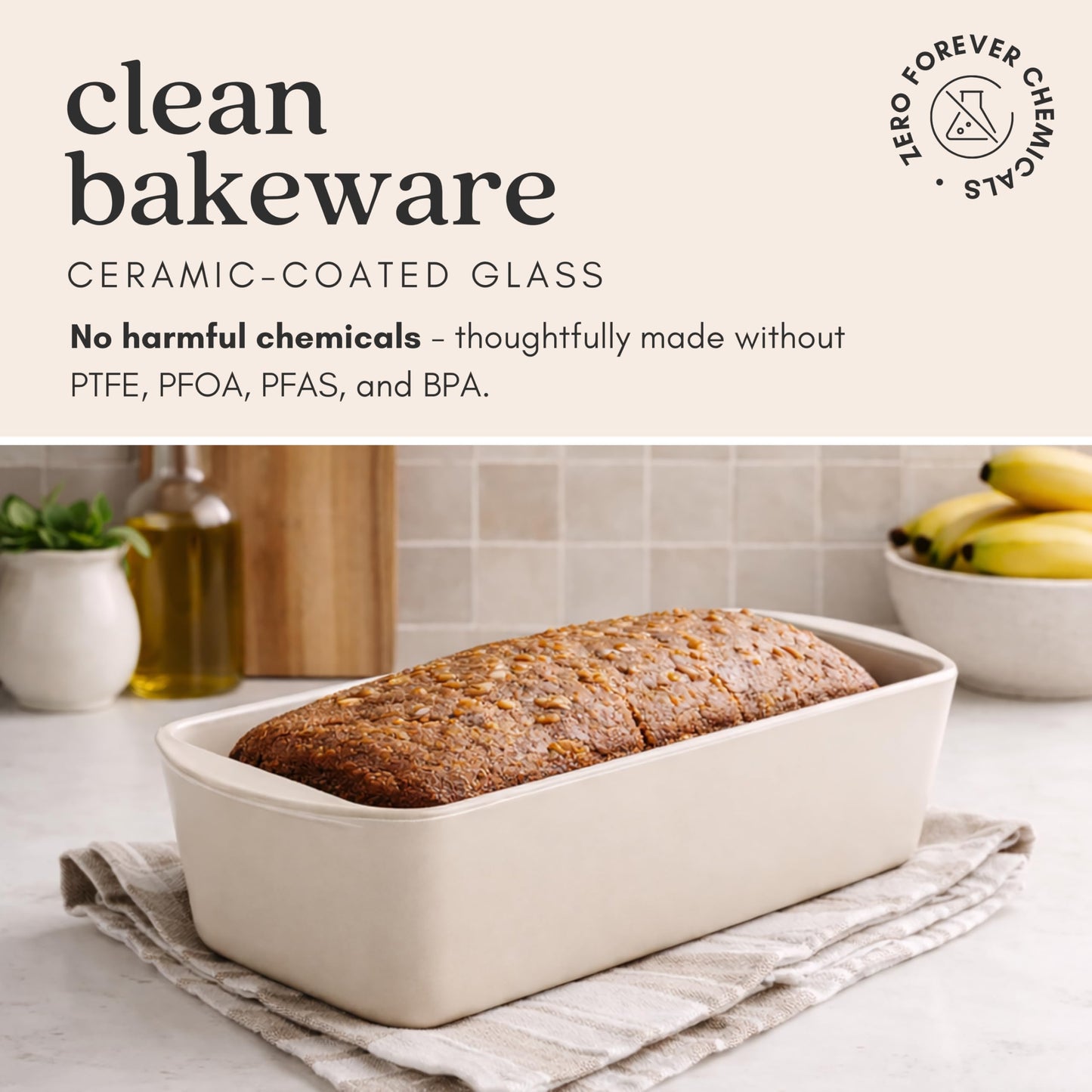 BRIVARA HOME Non-Stick Ceramic Coated Glass 1 lb Loaf Pan | Naturally Slick Ceramic Coating | No PTFE, PFOA, PFAS, and BPA | Perfect for Cakes, Breads, & More [Crema]
