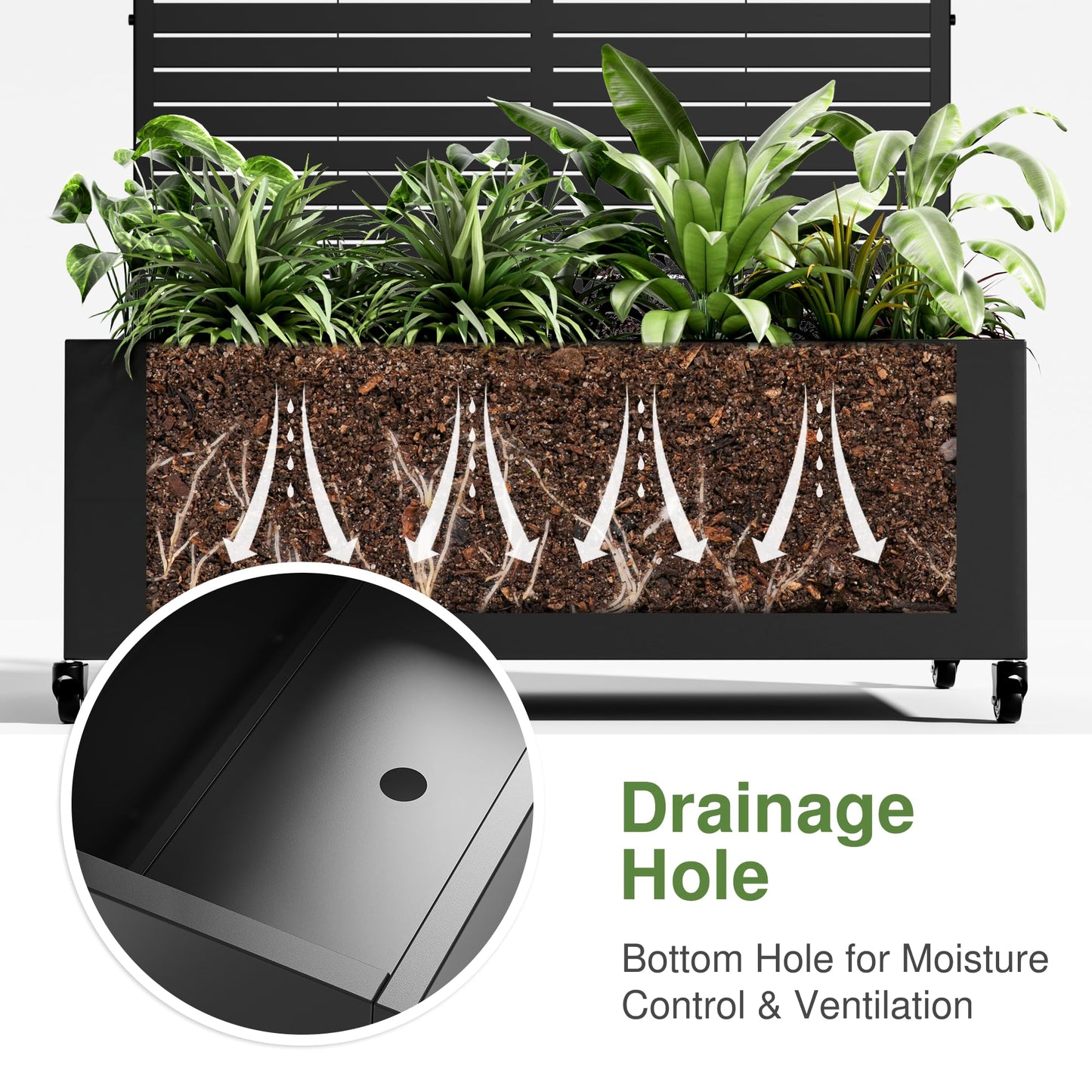 Casaphoria Metal Raised Garden Bed with Trellis and Wheels, 72"x47"x16" Planter Box for Climbing Plants, Vegetables & Vines, Features Drainage Holes and Privacy Screen (Black-Louver)