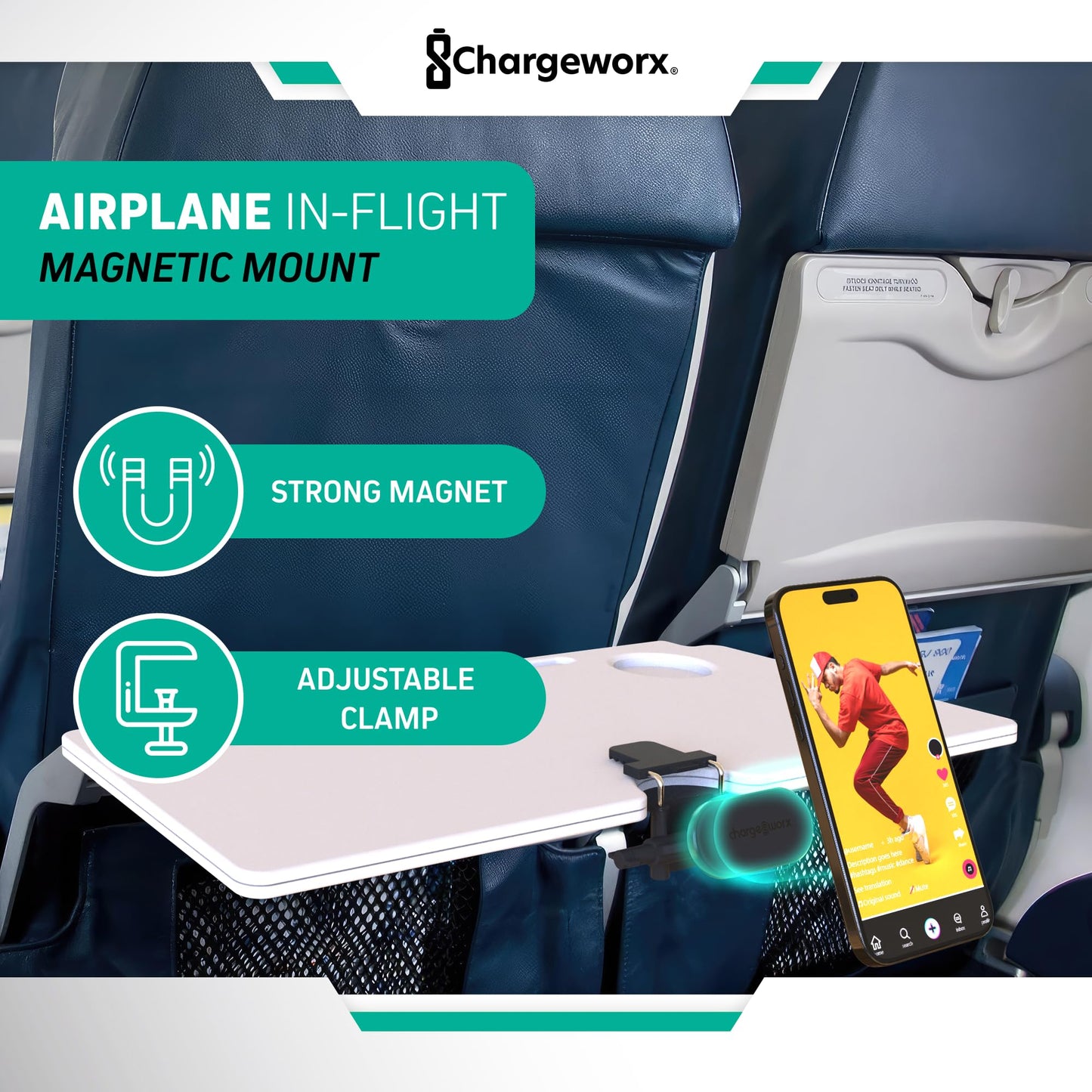 CHARGEWORX in-Flight Magnetic Phone & Tablet Mount for Airplanes, MagSafe-Compatible Travel Phone Holder for Tray Tables, 360° Rotating & 90° Pivoting Airplane Phone Stand with Travel Pouch