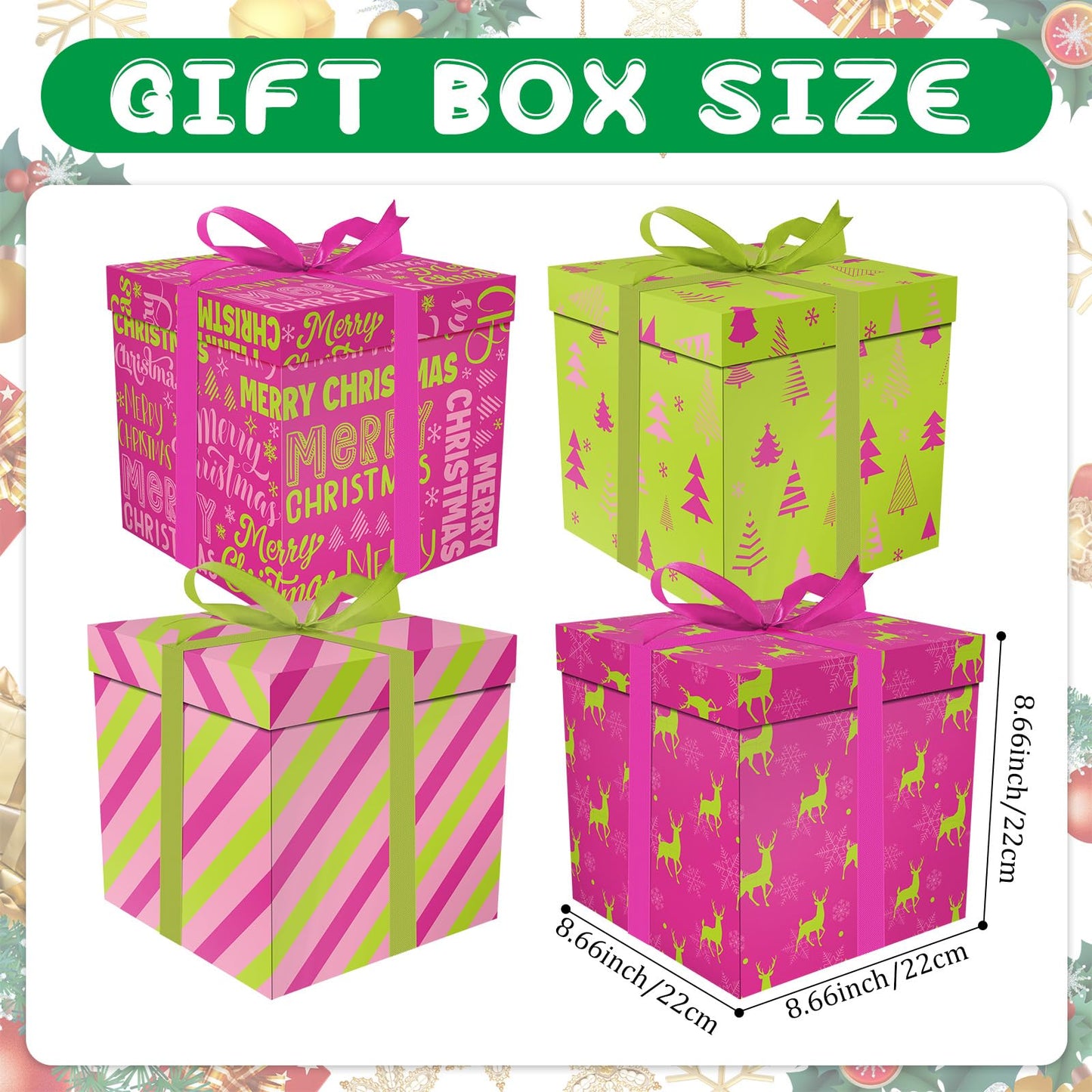 Cinrobiye 4 Pcs Christmas Gift Boxes with Lid,Ribbon and Tissue Papers,9" Black and White Christmas Winter Square Cardboard Box for Gift Wrapping Holiday Present Birthday Assorted Design (Green Pink)