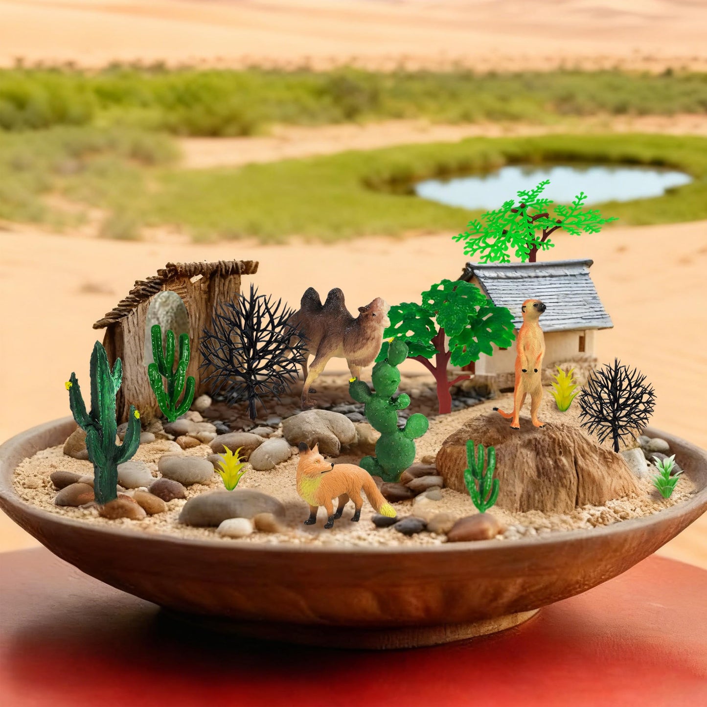 MOMOONNON 34pcs Desert Animal Figures Mixed Diorama Model Plants Artificial Animals with Camel Fox Meerkatz Gazelle for Crafts Building Model Desert Scenery Landscape Supplies