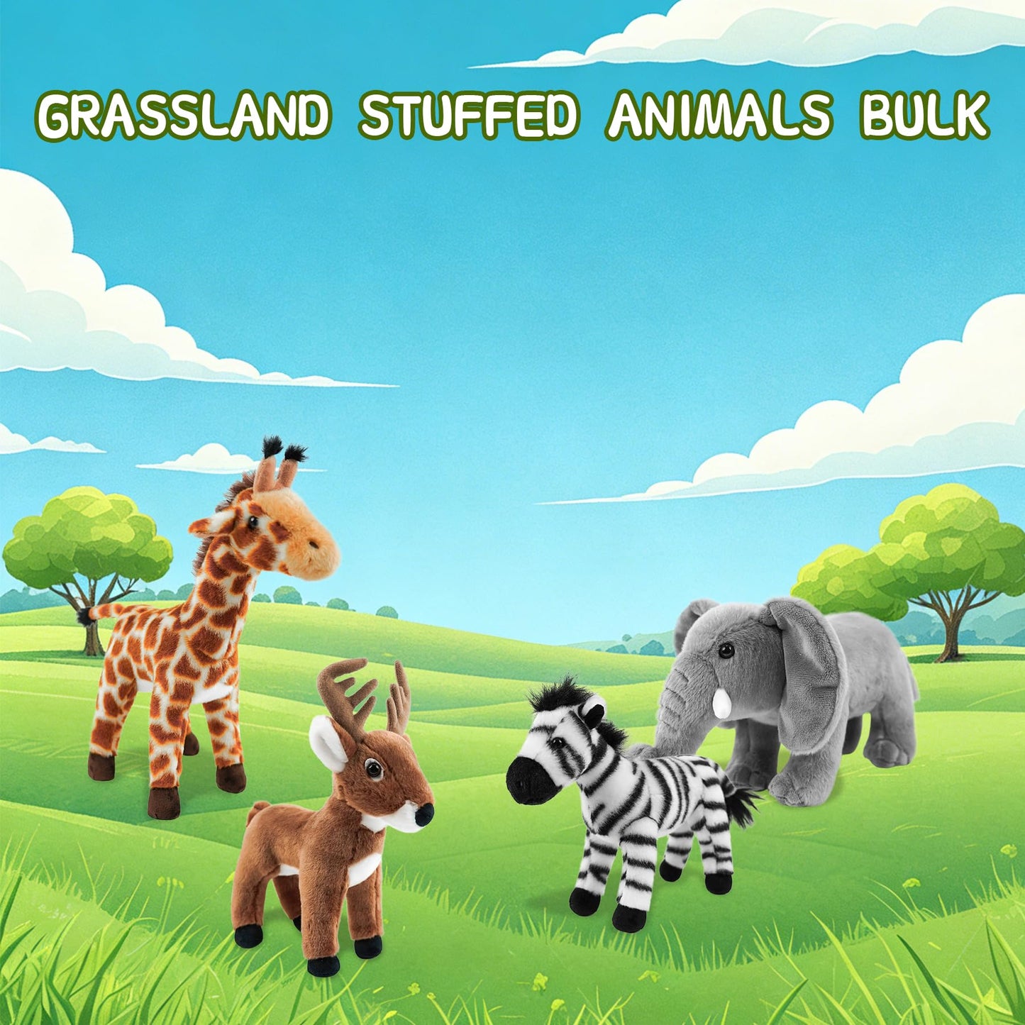 4-Pack 8" Plush Safari Stuffed Animals Set – Giraffe, Zebra, Deer and Elephant, Ultra Soft Washable Jungle Toys for Kids, Adorable Nursery Decor for Toddlers