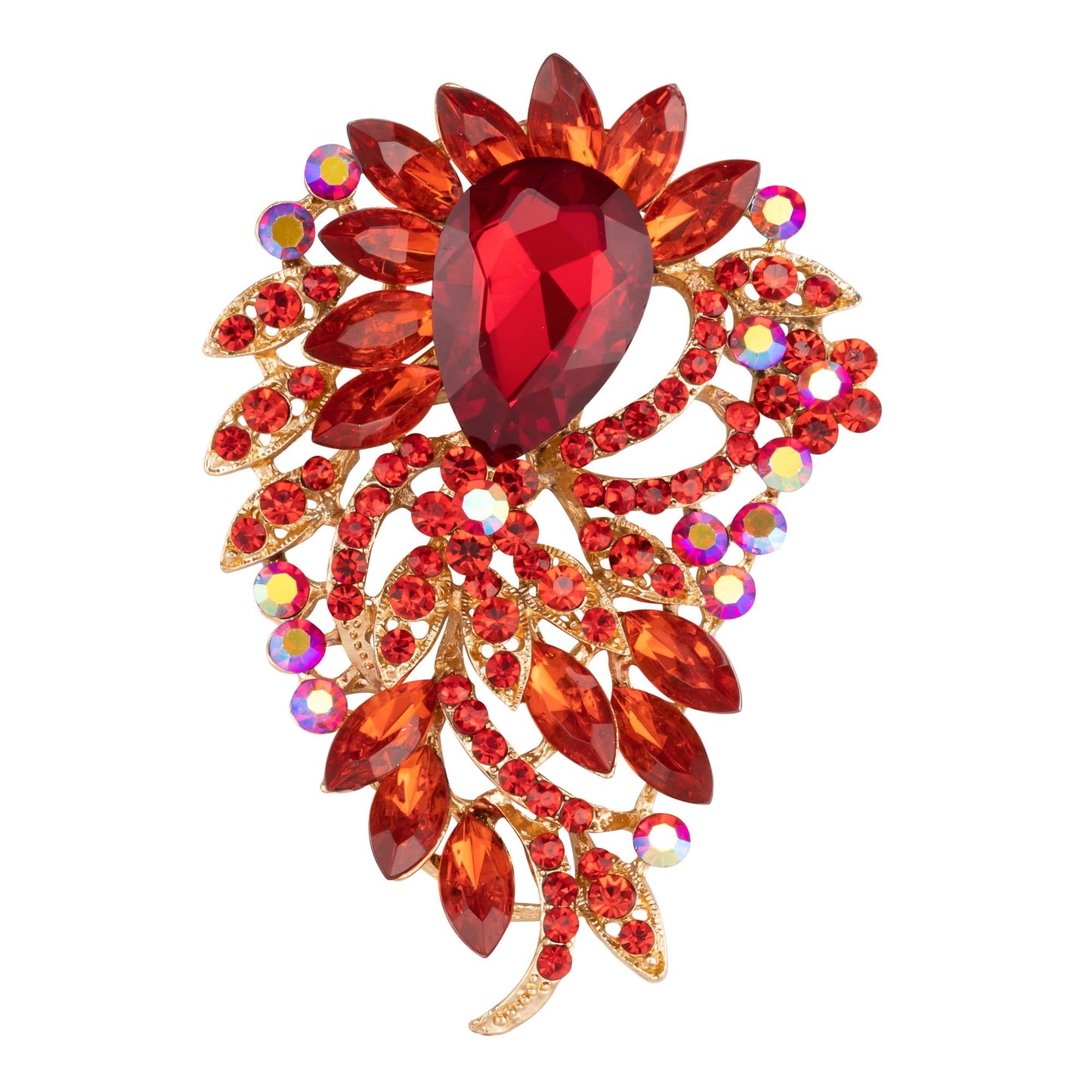 SELOVO Big Large Red Rhinestone Brooch Pin Sweater Jewelry Accessory Gold Tone