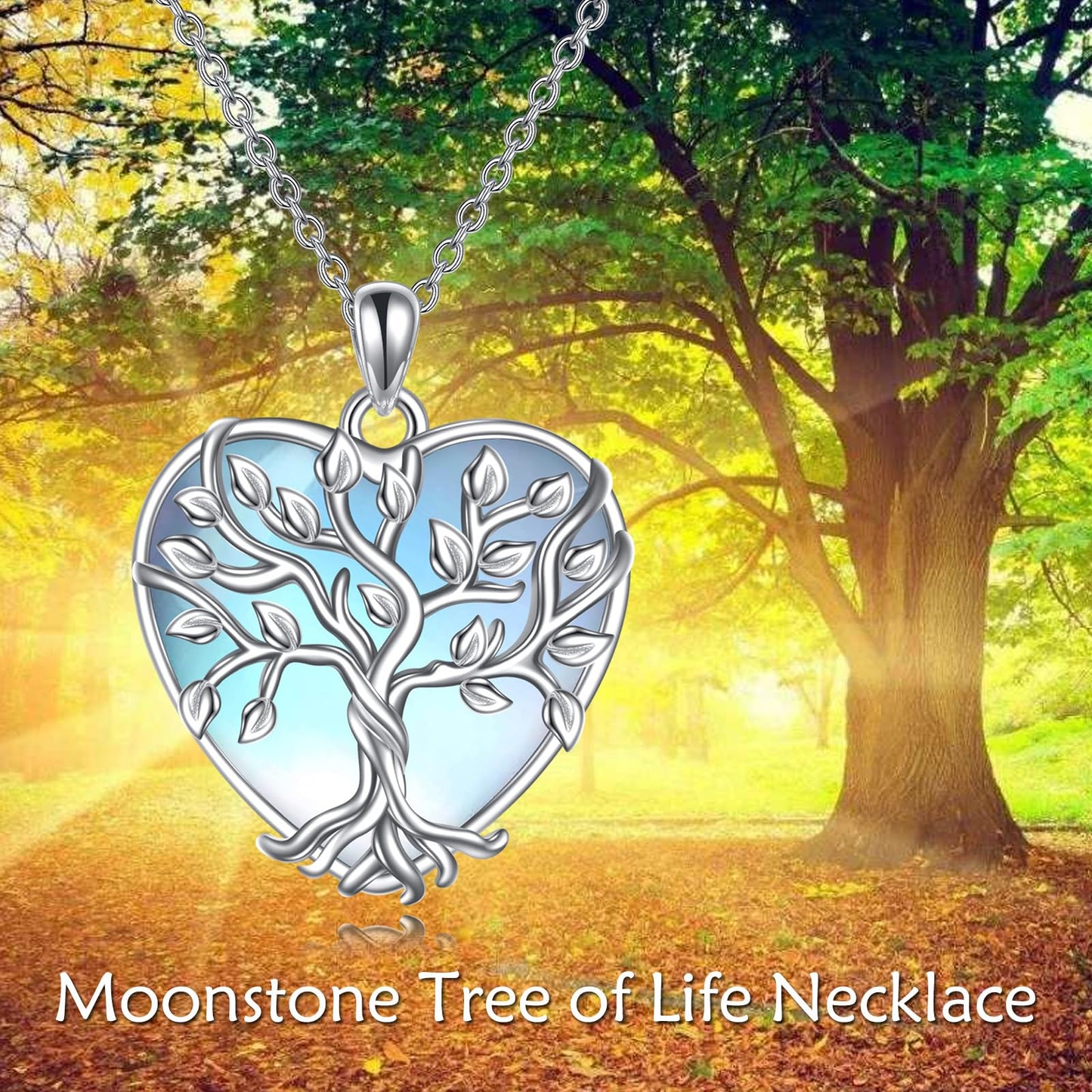 YAFEINI Moonstone Tree of Life Pendant Necklace - 925 Sterling Silver Heart Jewelry for Women
