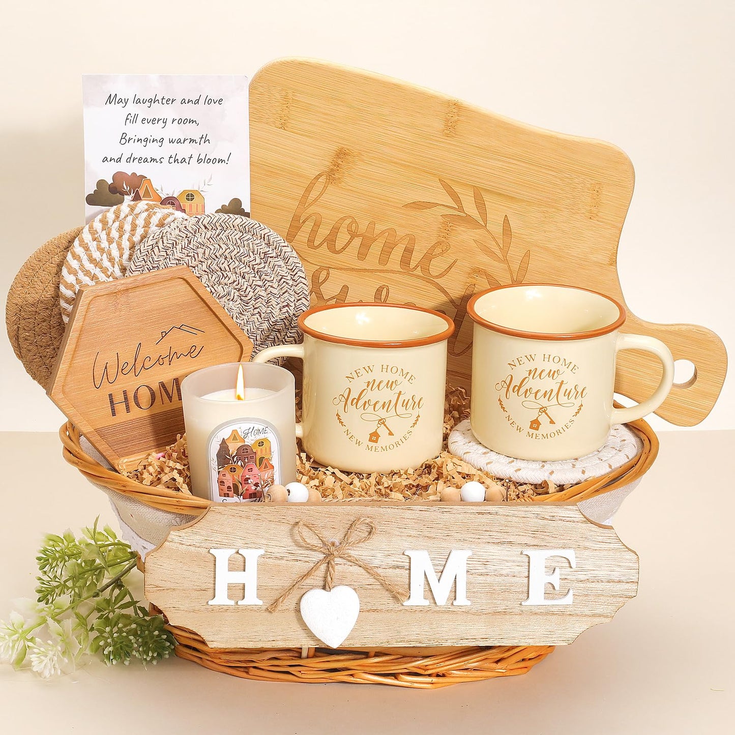 House Warming Gifts New Home,New Home Gifts Ideas,Housewarming Gift,Closing Gift for Home Buyers,House Warming Basket with Mugs Cutting Board Candle