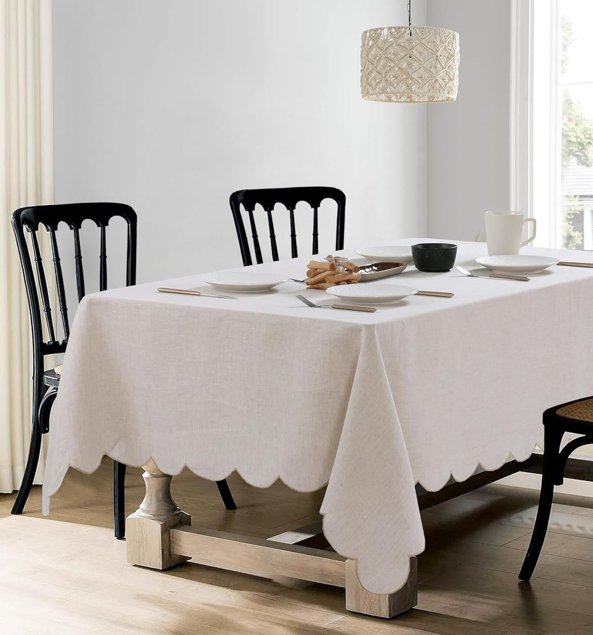 100% French Flax Linen Scalloped Embroidery Rectangle Tablecloths 120Lx60W Inch for Dinners, Parties, Spring, Machine Washable, 10-12 Sets, Linen(Edges-Gold)