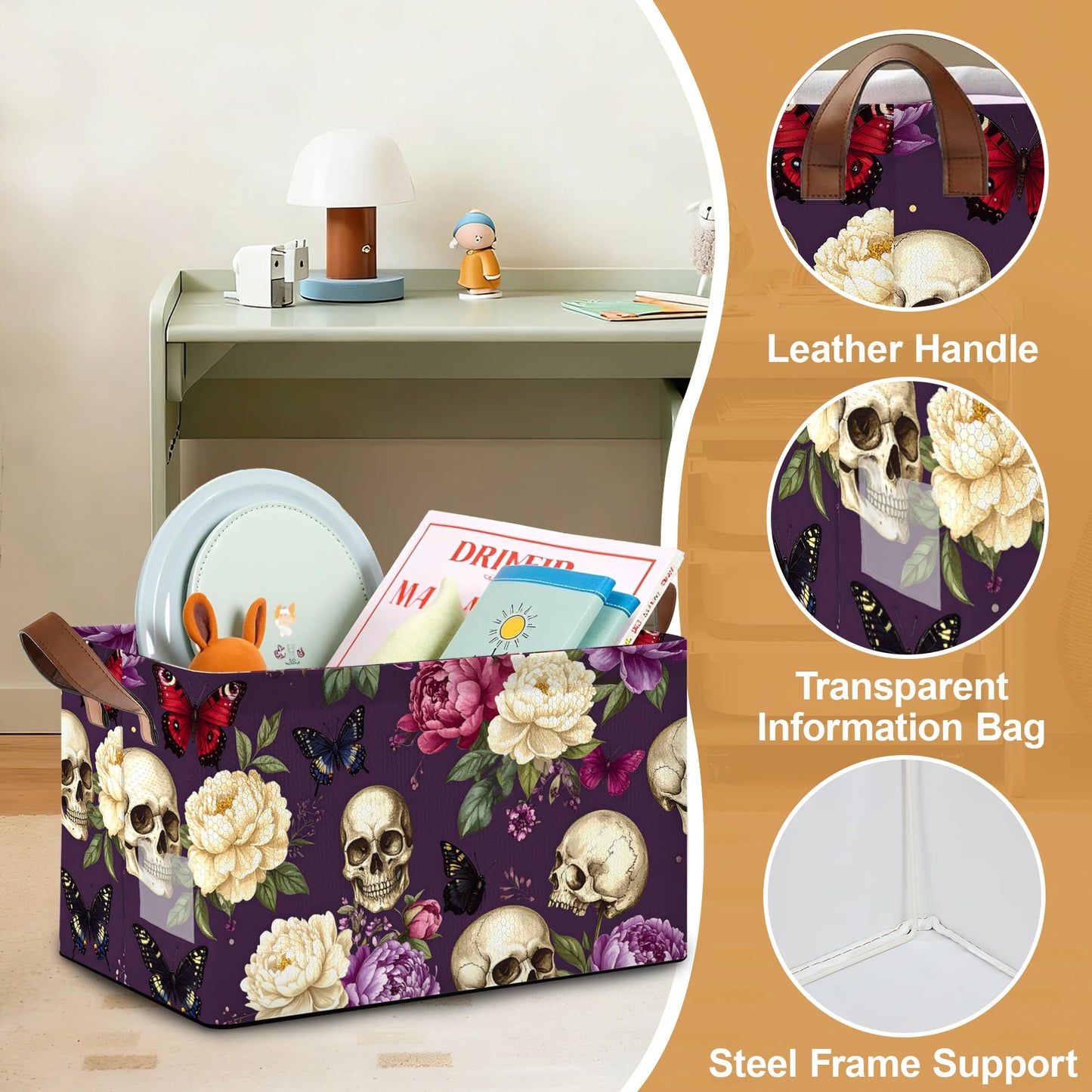 Oeaskly Storage Bins with Handles, Oxford Cloth Storage Basket with Sturdy Frame, Purple Flower Skeleton Collapsible Organizer for Closet, Shelf, Clothes, Towels, Home Storage