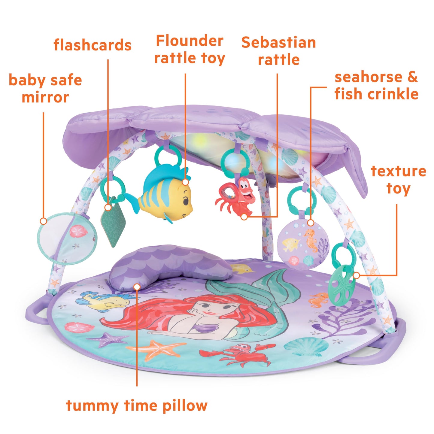 Bright Starts Disney Baby The Little Mermaid Twinkle Trove Light-Up Musical Baby Activity Gym with Tummy Time Pillow, Newborn+