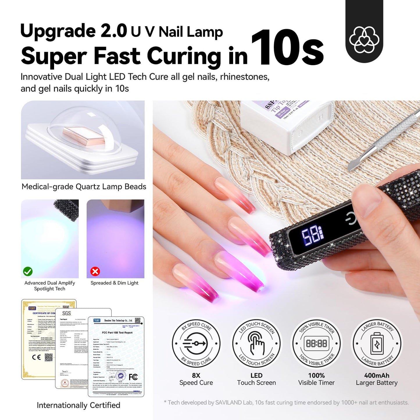 SAVILAND Black U V Light for Gel Nails: Handheld 12W 8X Speed Nail Flash Cure Lamp with Dual Timer & Touch Screen & LCD Display Screen Portable 400 mAh LED Flash Cure Light Nail Art Home