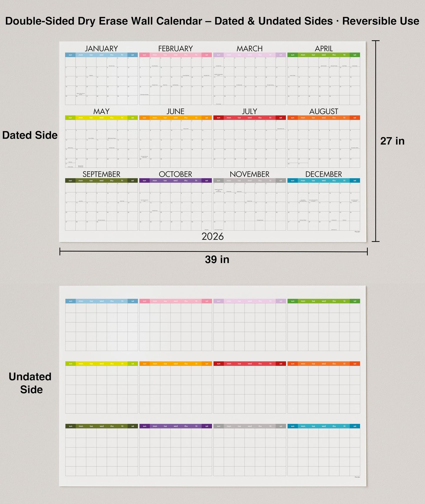 Dry Erase Wall Planner (27×39 in) – Double-Sided Reusable Yearly Planner with Undated Planning Board & 2026 Calendar Reference, Large Laminated Write & Wipe Wall Calendar for Home, Office, Classroom — Rolled Poster.