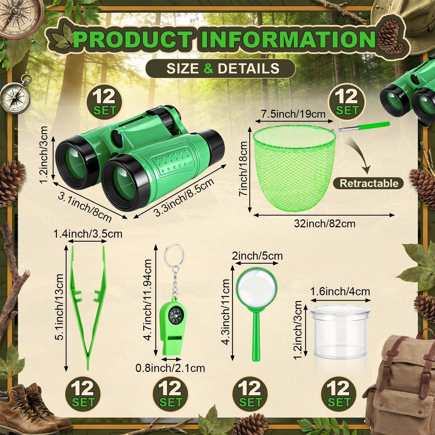 Sabary 12 Set 72 Pcs Explorer Kit Bug Catching Kit for Outdoor with Binoculars, Butterfly Net, Magnifying Glass, Compass Whistle, Tweezers and Observation Box for Outdoor Hiking Wilderness Adventure